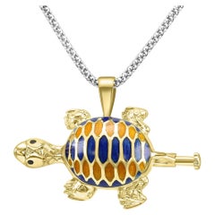 Orange & Blue Enamel "Turtle" 18 Karat Yellow Gold Luxury Fashion Pendant/Brooch