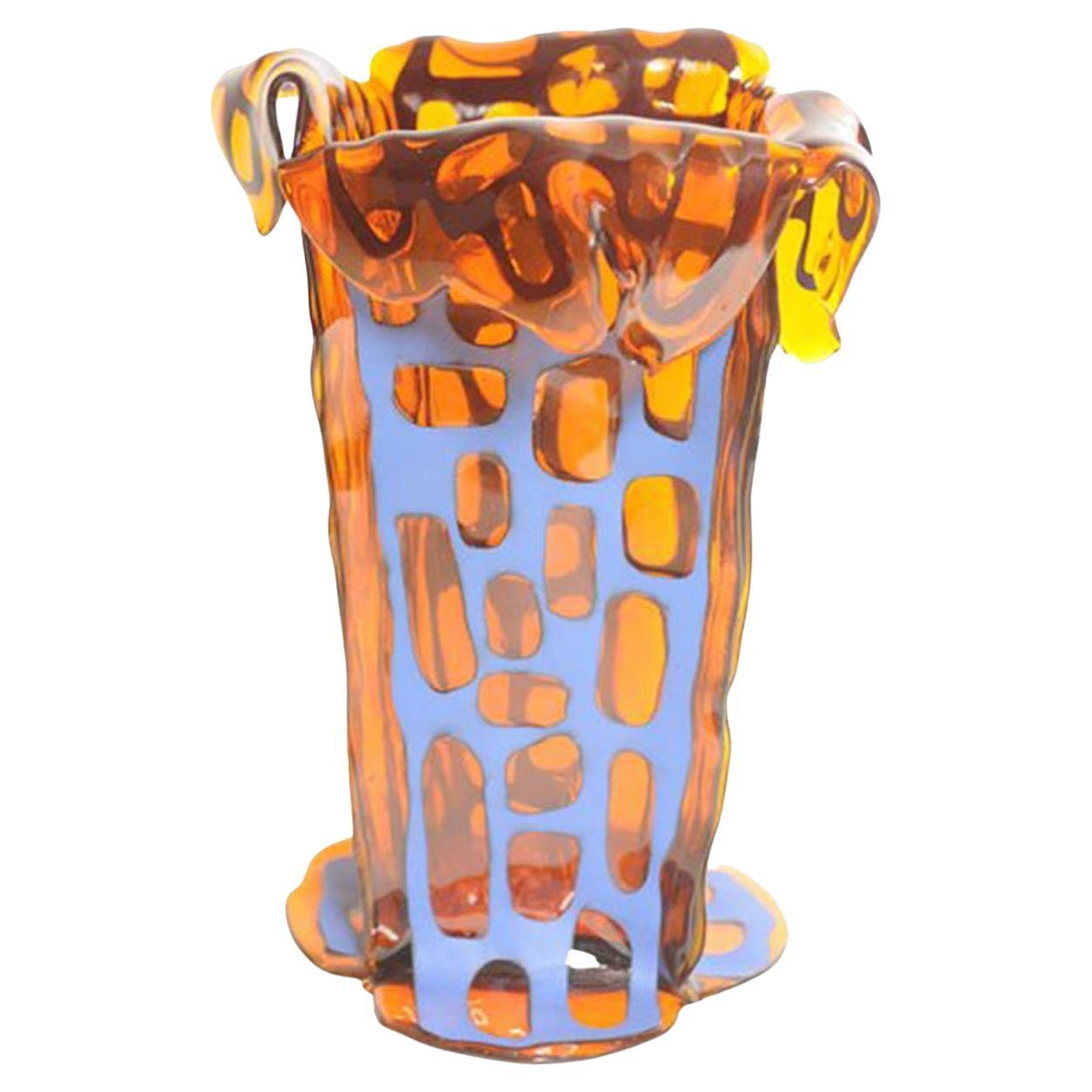 Grand vase Sagarana en cuir orange et bleu