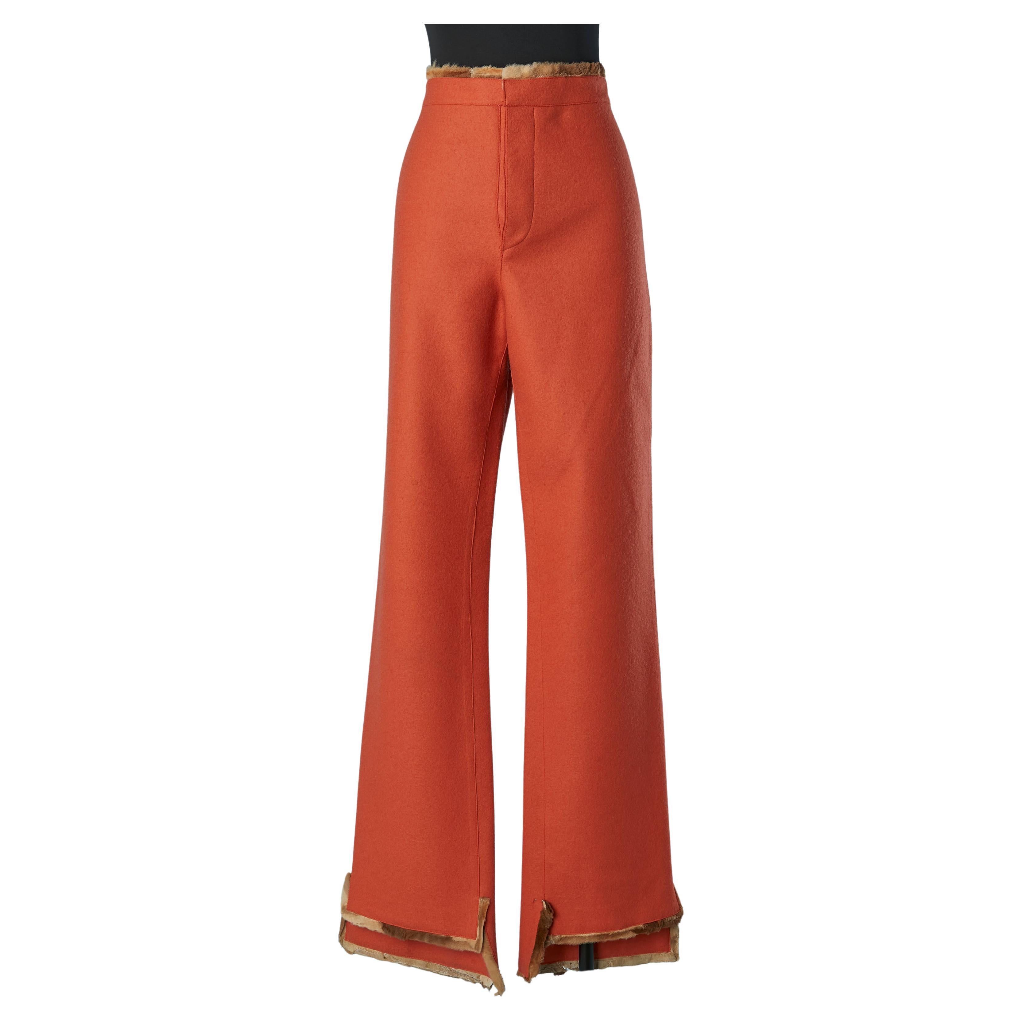 Orange boiled wool trouser with furs edge waist and bottom Fendi  For Sale