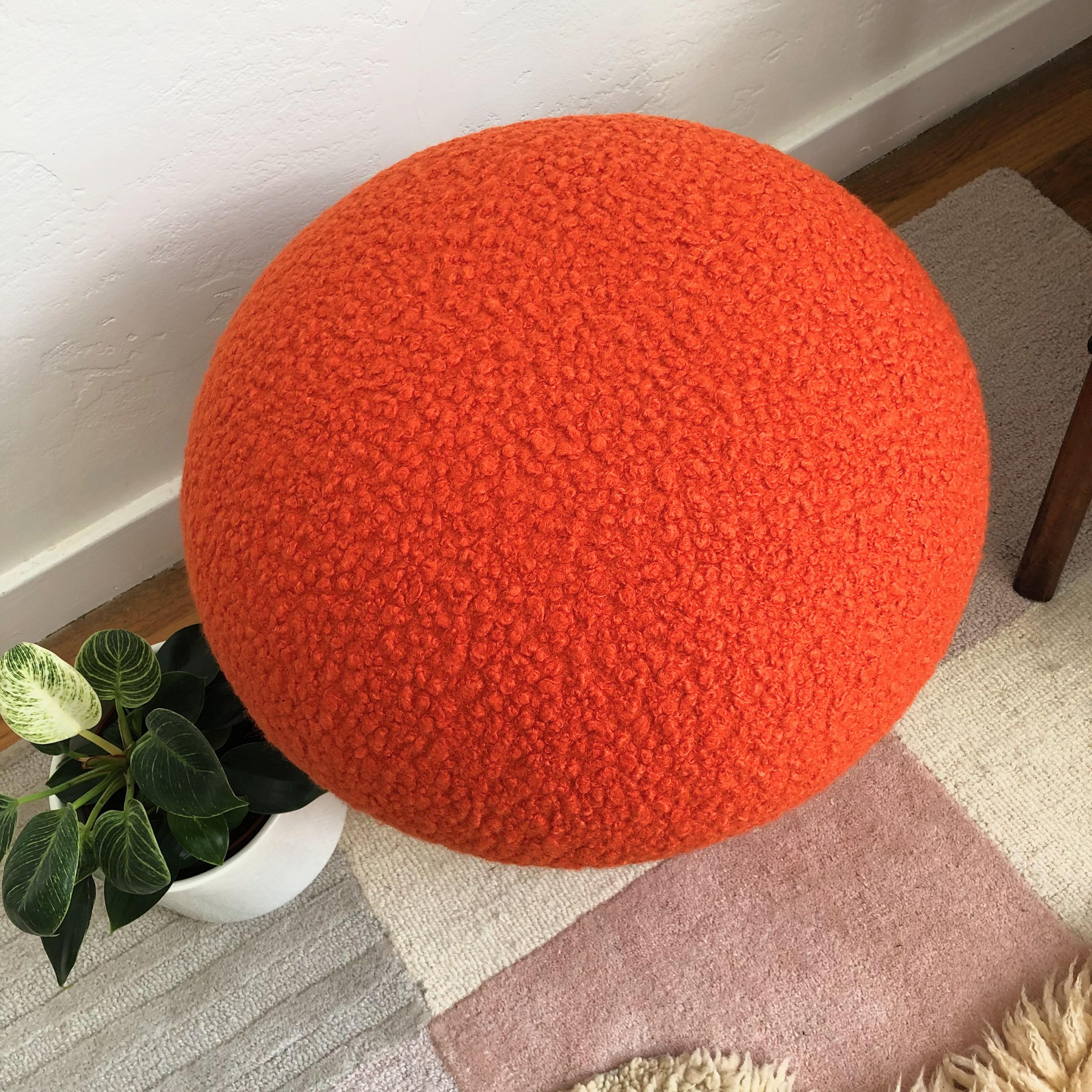 Mid-Century Modern Mushroom Ottoman in Tangerine Boucle