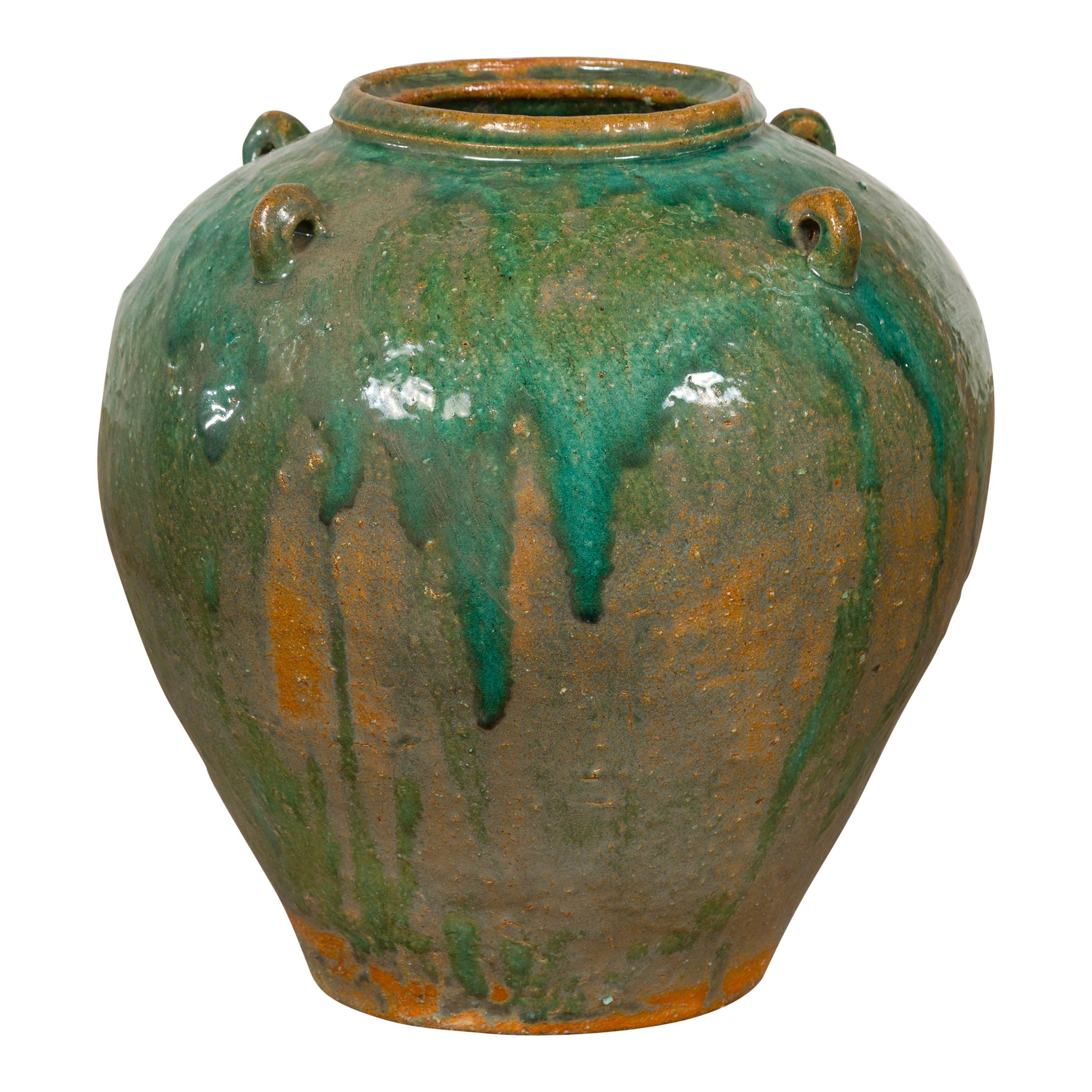 Orange & Brown Antique Jar with Green Drips For Sale