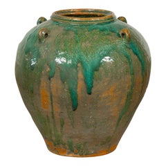 Orange & Brown Antique Jar with Green Drips