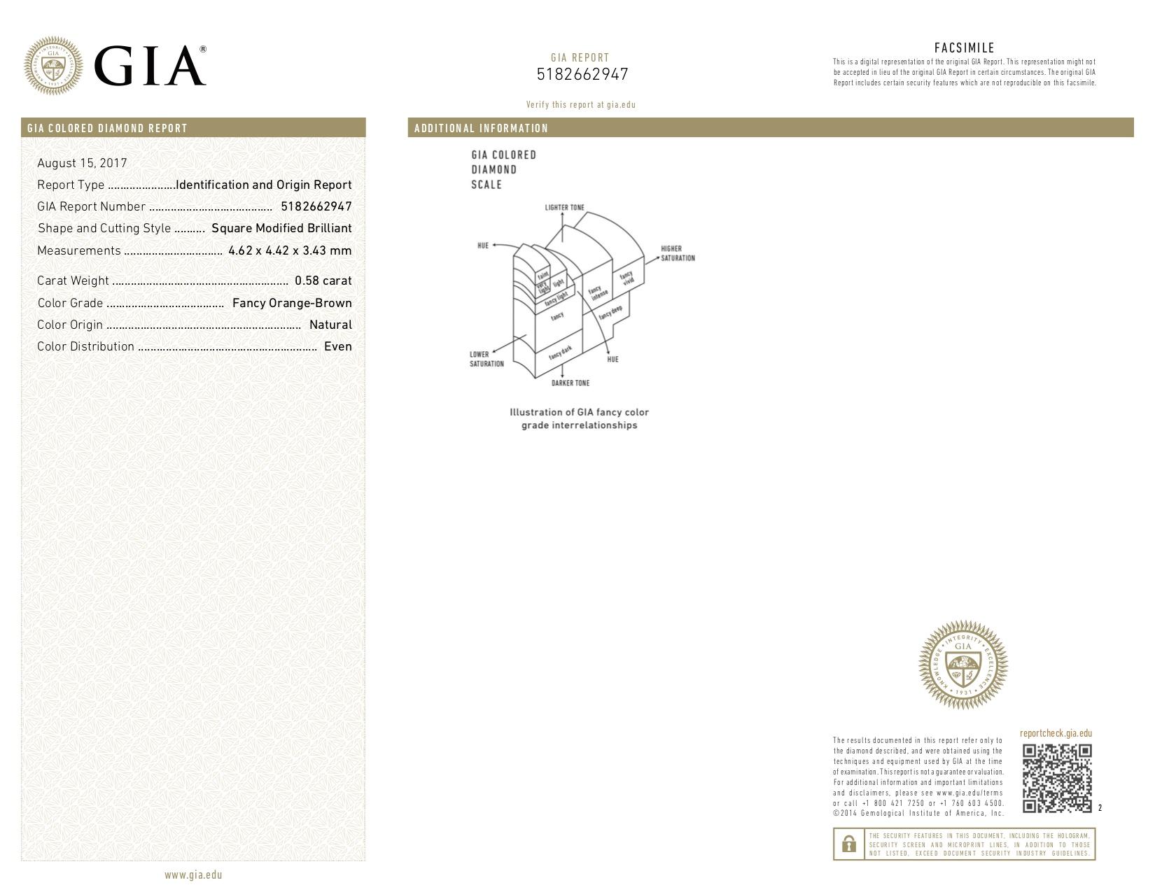 Contemporary Orange Brown Diamond Ring Princess Cut 0.58 Carat GIA Certified