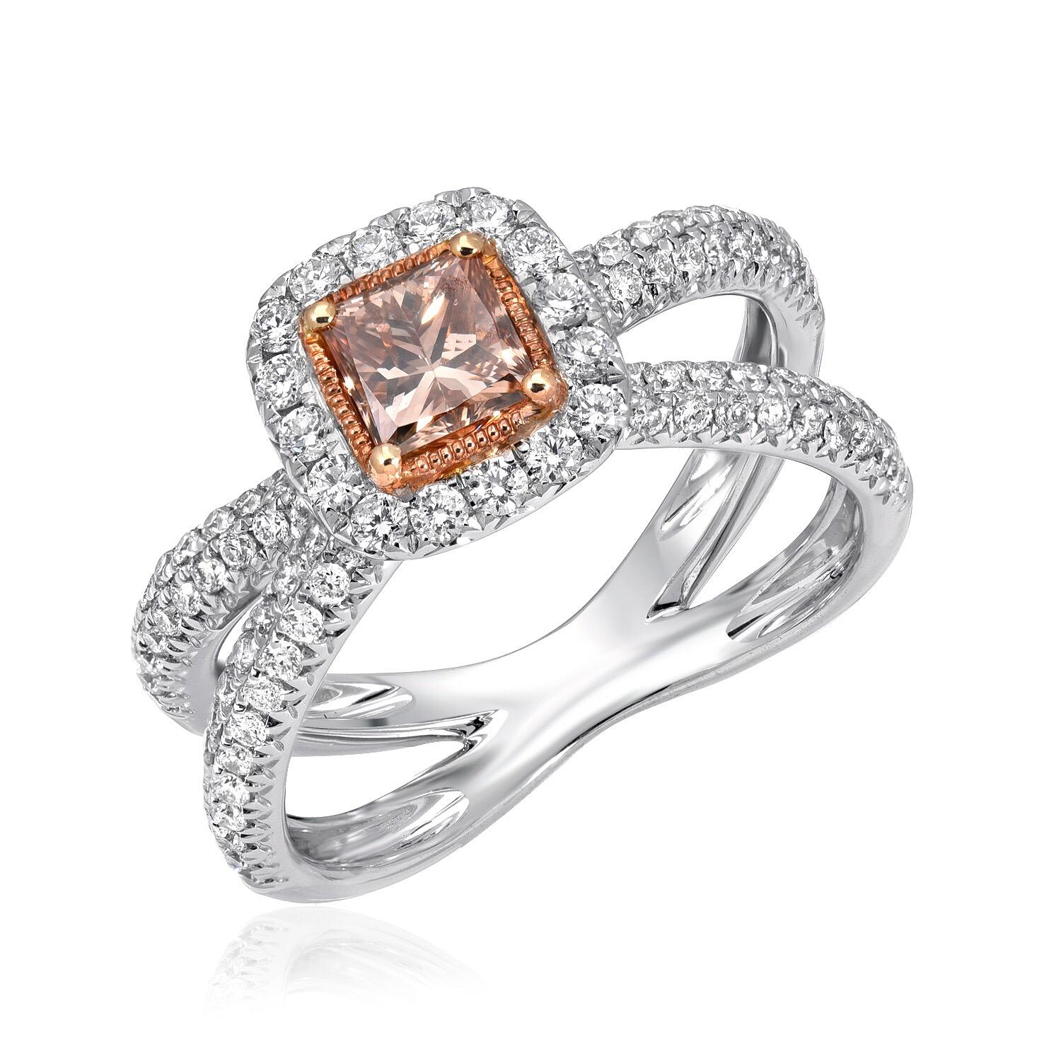 Orange Brown Diamond Ring Princess Cut 0.58 Carat GIA Certified In New Condition In Beverly Hills, CA