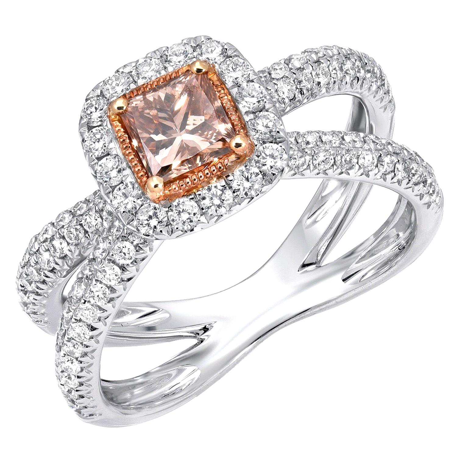 Orange Brown Diamond Ring Princess Cut 0.58 Carat GIA Certified