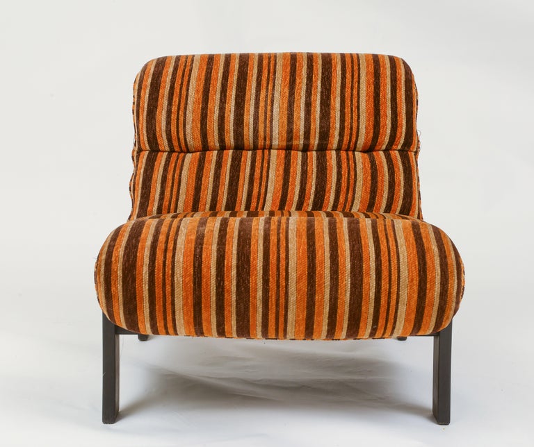 Orange, Brown Pair Wood Lounge Chairs with Original 70's Fabric, France 1970's For Sale 4