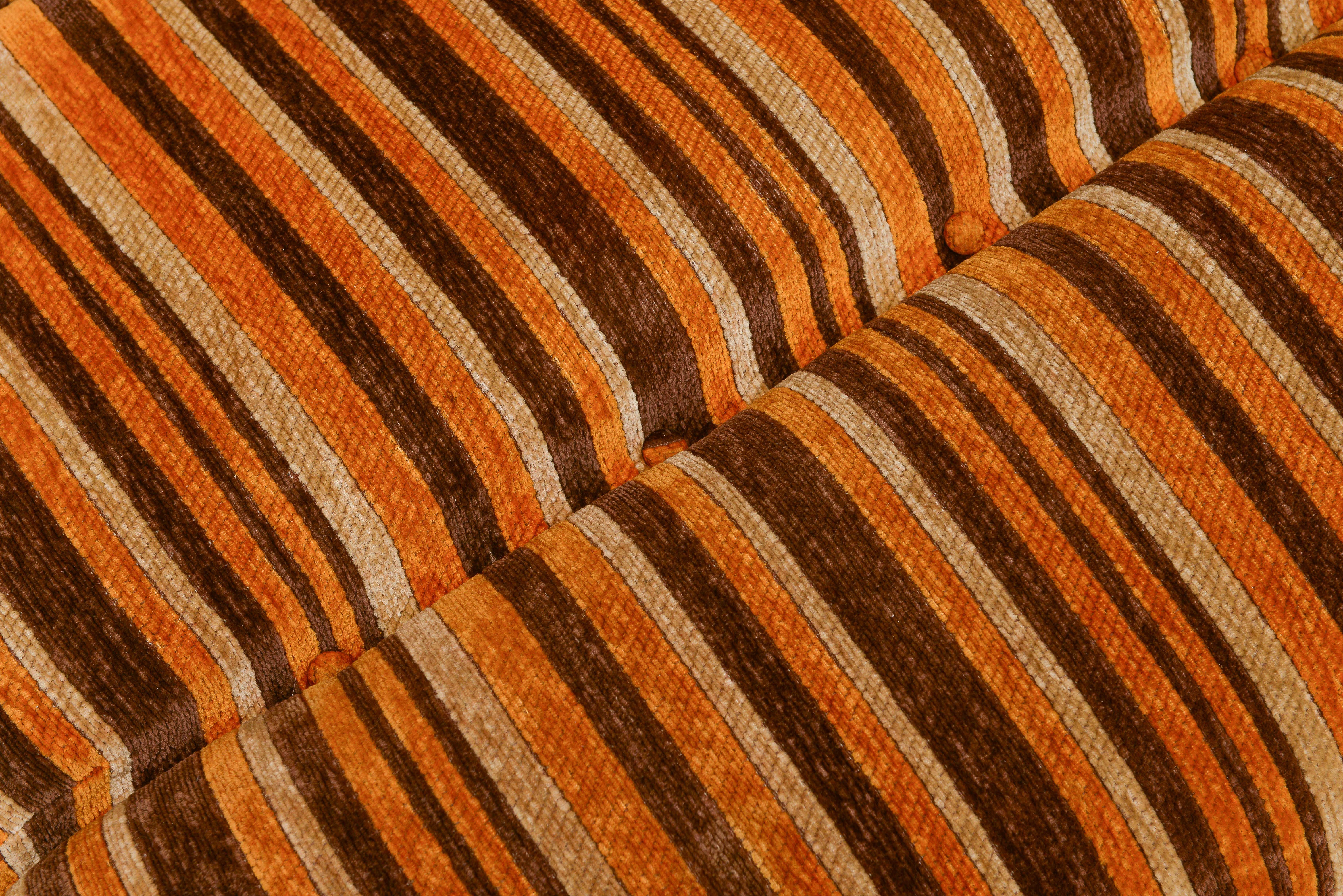 Orange, Brown Pair Wood Lounge Chairs with Original 70's Fabric, France 1970's 2