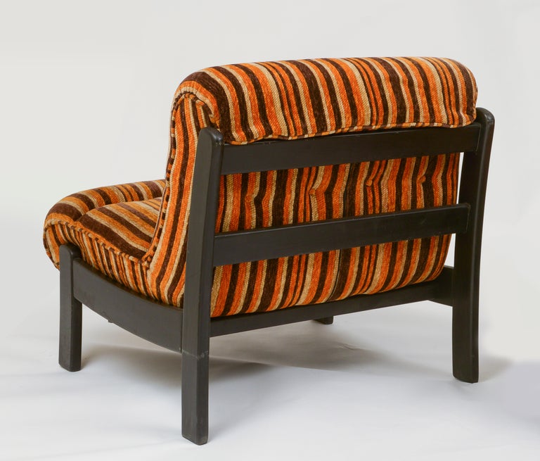 French Orange, Brown Pair Wood Lounge Chairs with Original 70's Fabric, France 1970's For Sale