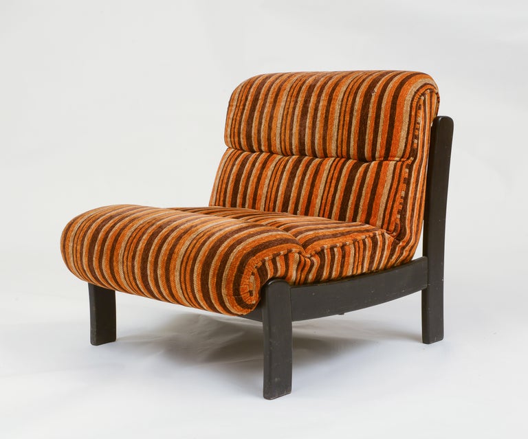 Orange, Brown Pair Wood Lounge Chairs with Original 70's Fabric, France 1970's In Good Condition For Sale In New York, NY