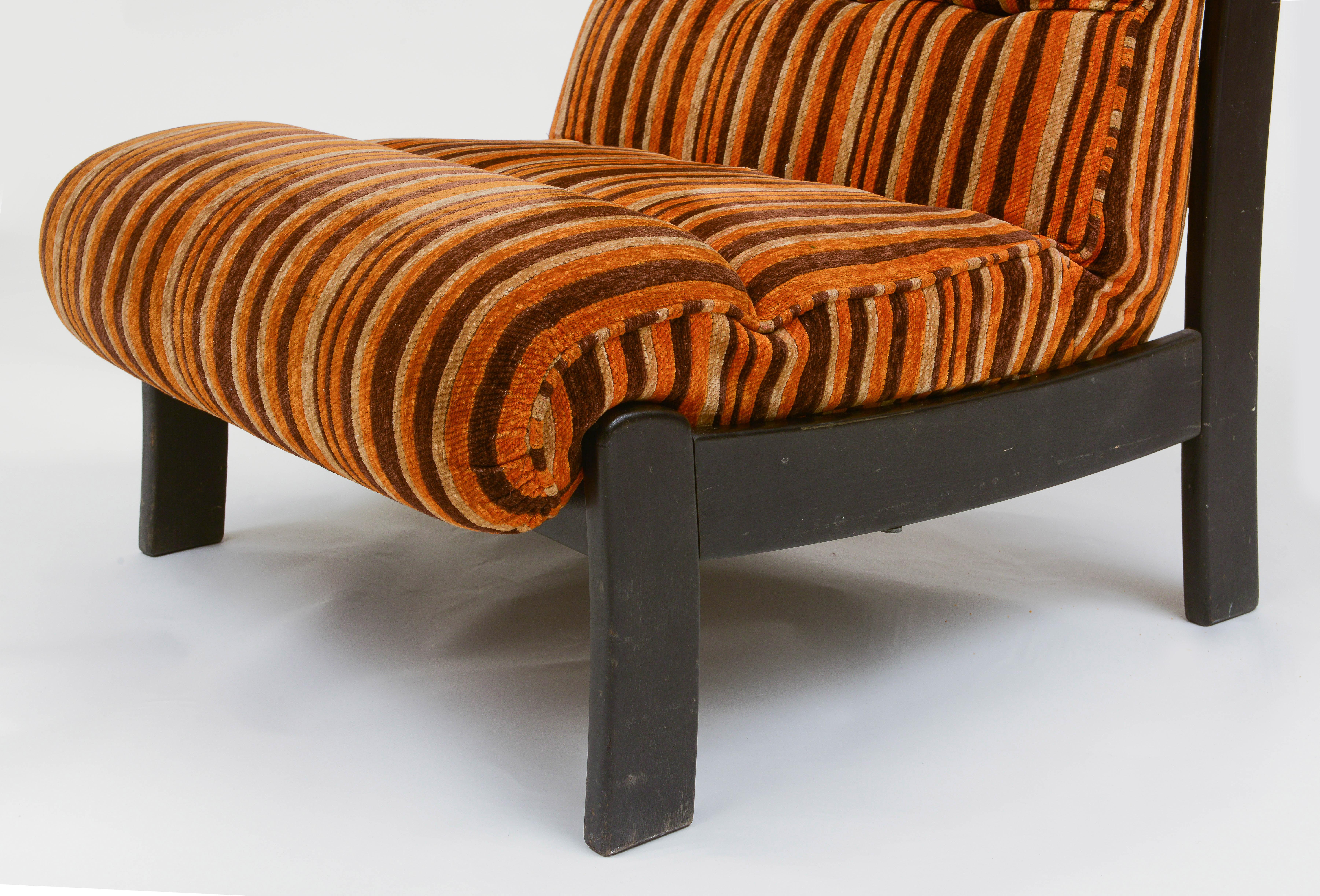 Mid-Century Modern Orange, Brown Pair Wood Lounge Chairs with Original 70's Fabric, France 1970's