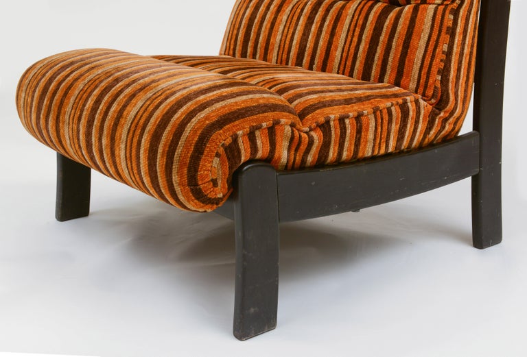20th Century Orange, Brown Pair Wood Lounge Chairs with Original 70's Fabric, France 1970's For Sale