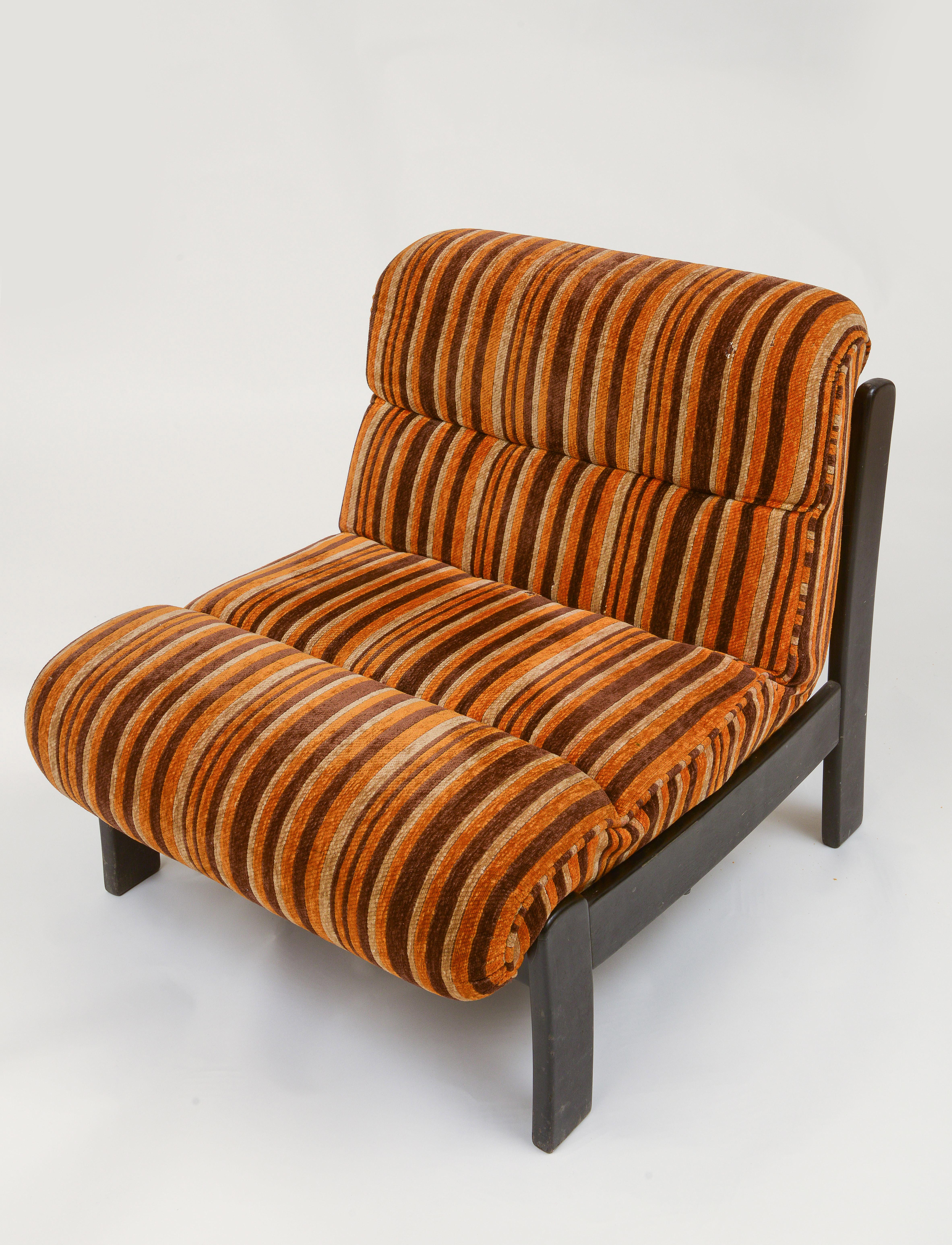 French Orange, Brown Pair Wood Lounge Chairs with Original 70's Fabric, France 1970's