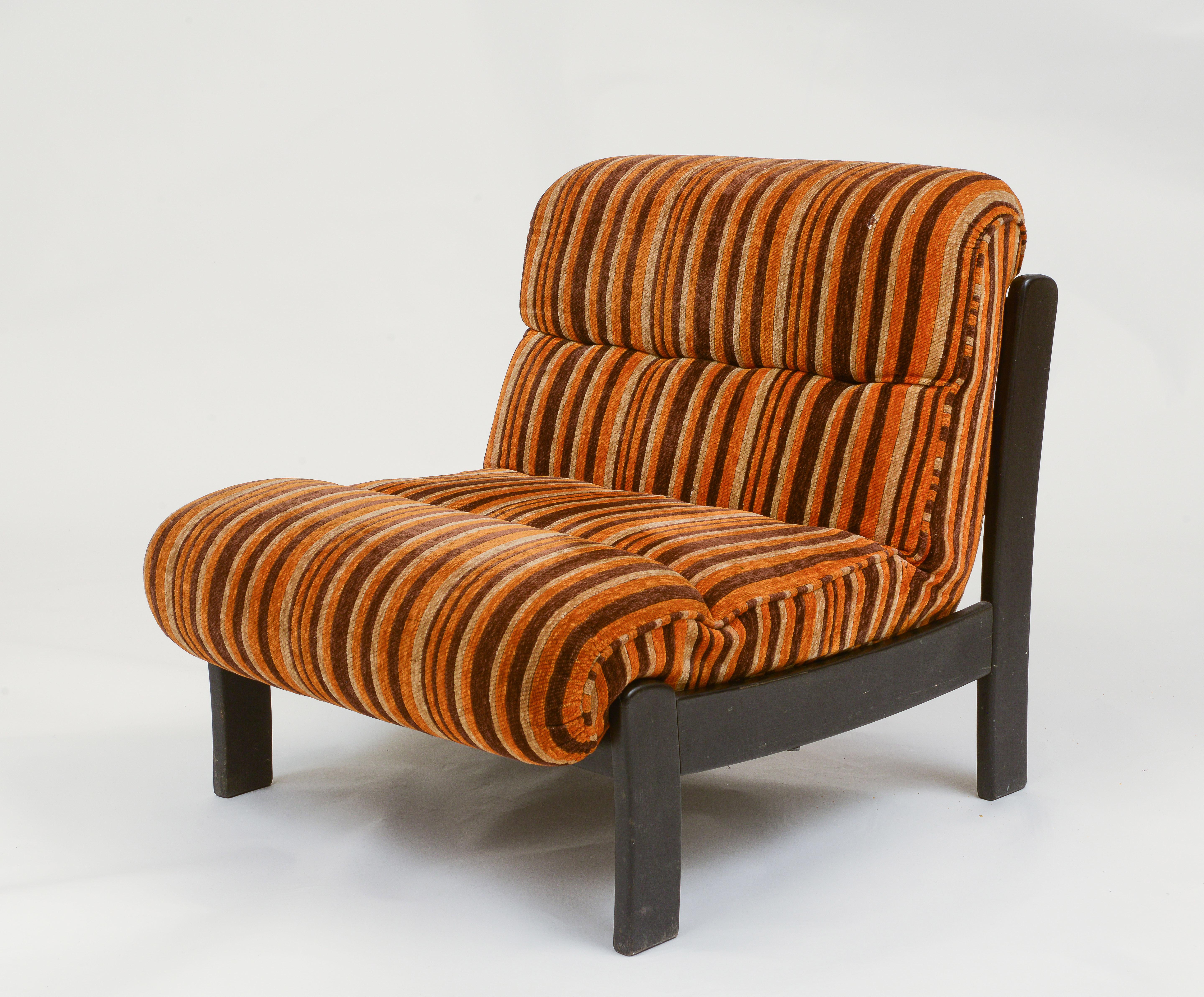 Orange, Brown Pair Wood Lounge Chairs with Original 70's Fabric, France 1970's In Good Condition In New York, NY