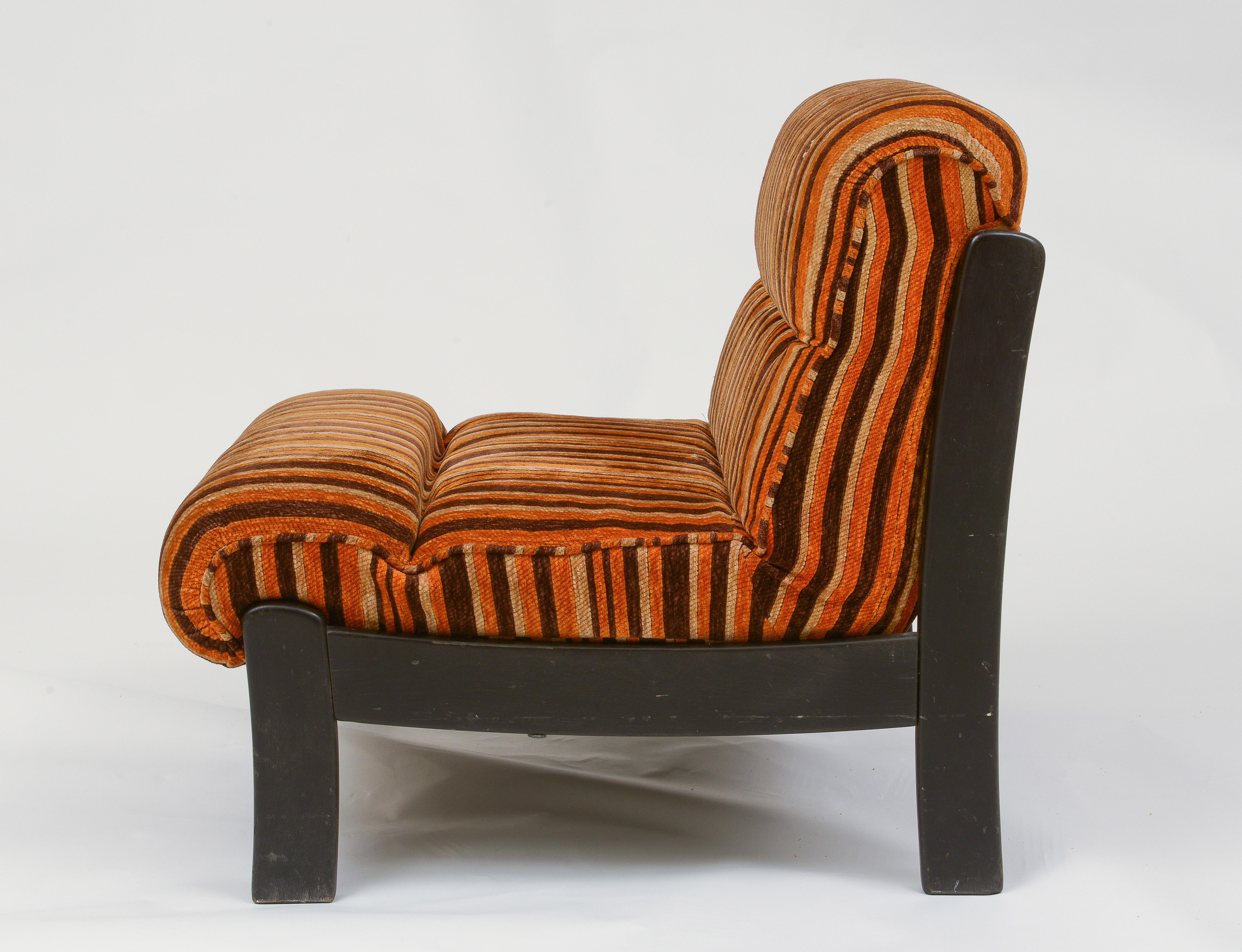 20th Century Orange, Brown Pair Wood Lounge Chairs with Original 70's Fabric, France 1970's