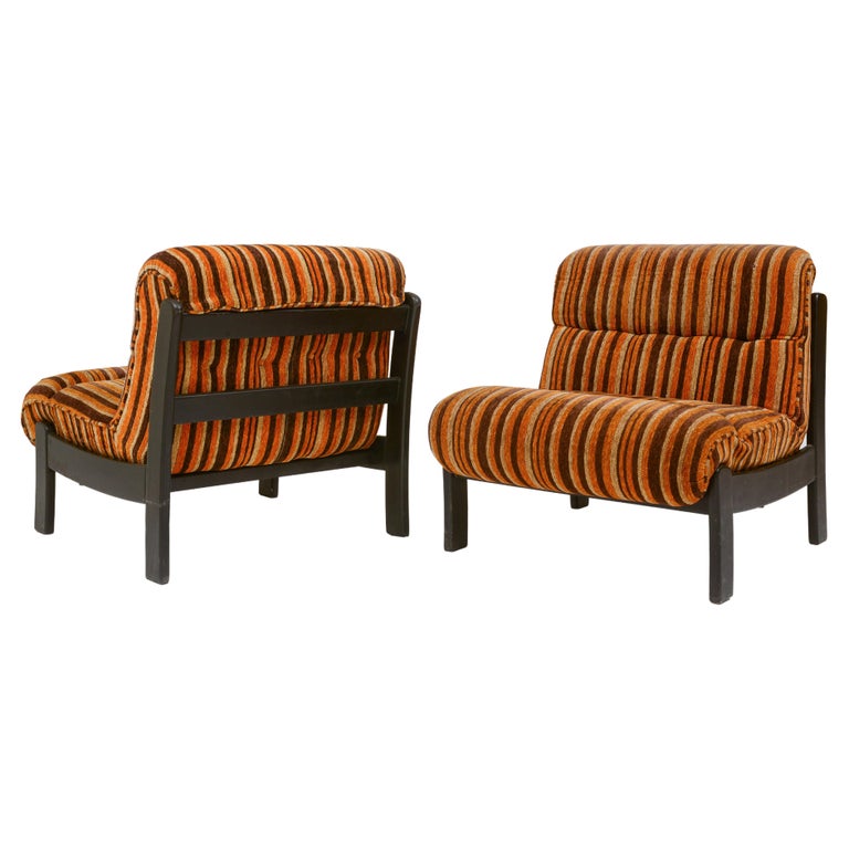 Orange, Brown Pair Wood Lounge Chairs with Original 70's Fabric, France 1970's For Sale