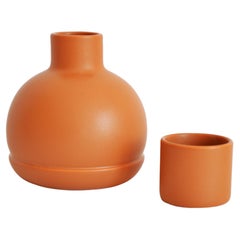 Orangefarbenes Karaffen und Gläser. Inspiriert von traditionellen Krugkrügen aus Keramik