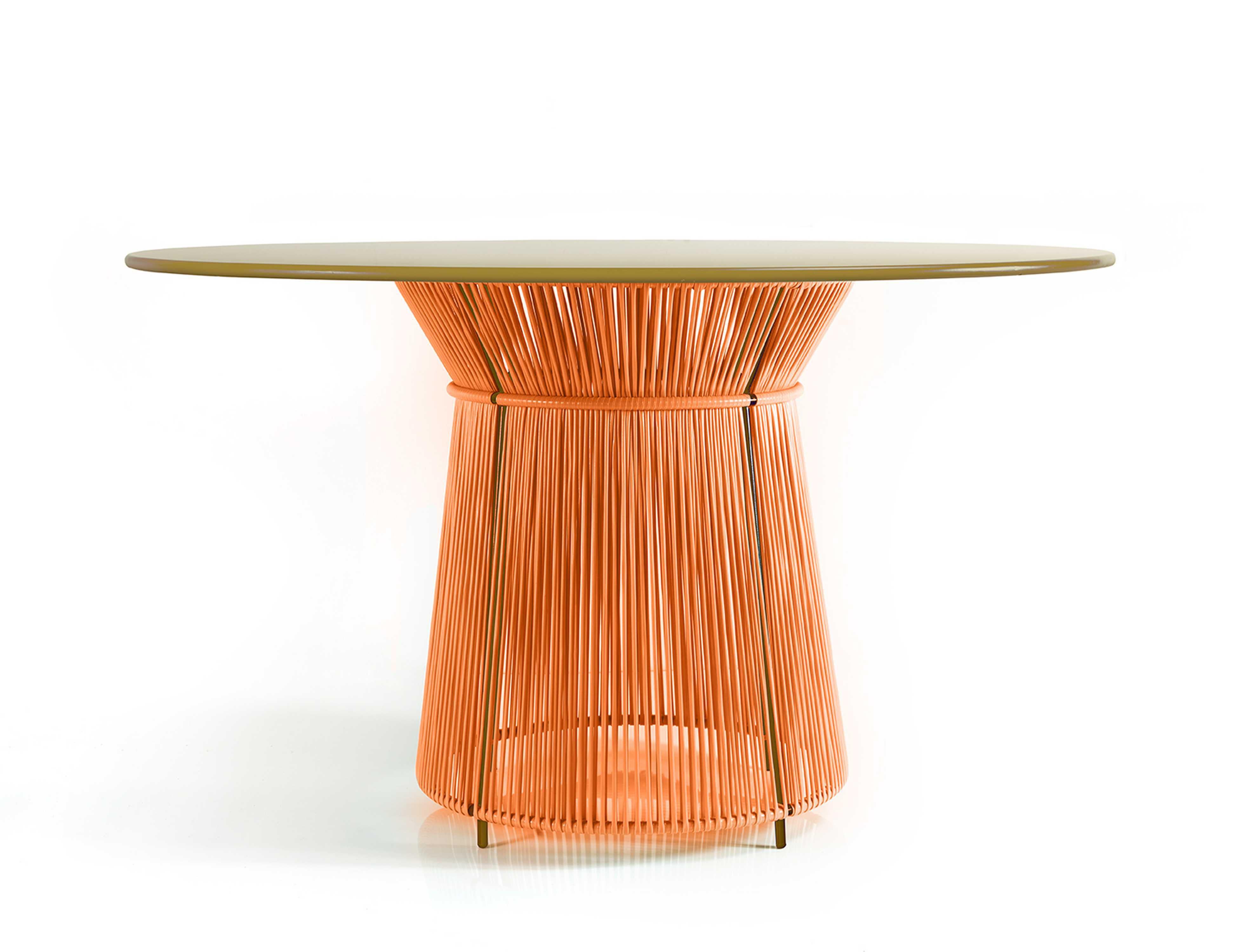 Orange caribe dining table by Sebastian Herkner
Materials: Galvanized and powder-coated tubular steel. PVC strings are made from recycled plastic.
Technique: Made from recycled plastic and weaved by local craftspeople in Colombia. 
Dimensions: