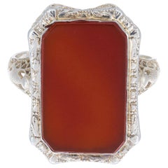 Antique Orange Carnelian White Gold Art Deco Filigree Ring