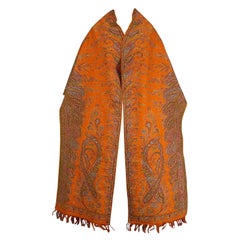 Antique Orange Cashmere Woollen Paisley Stole Shawl - France Circa 1850