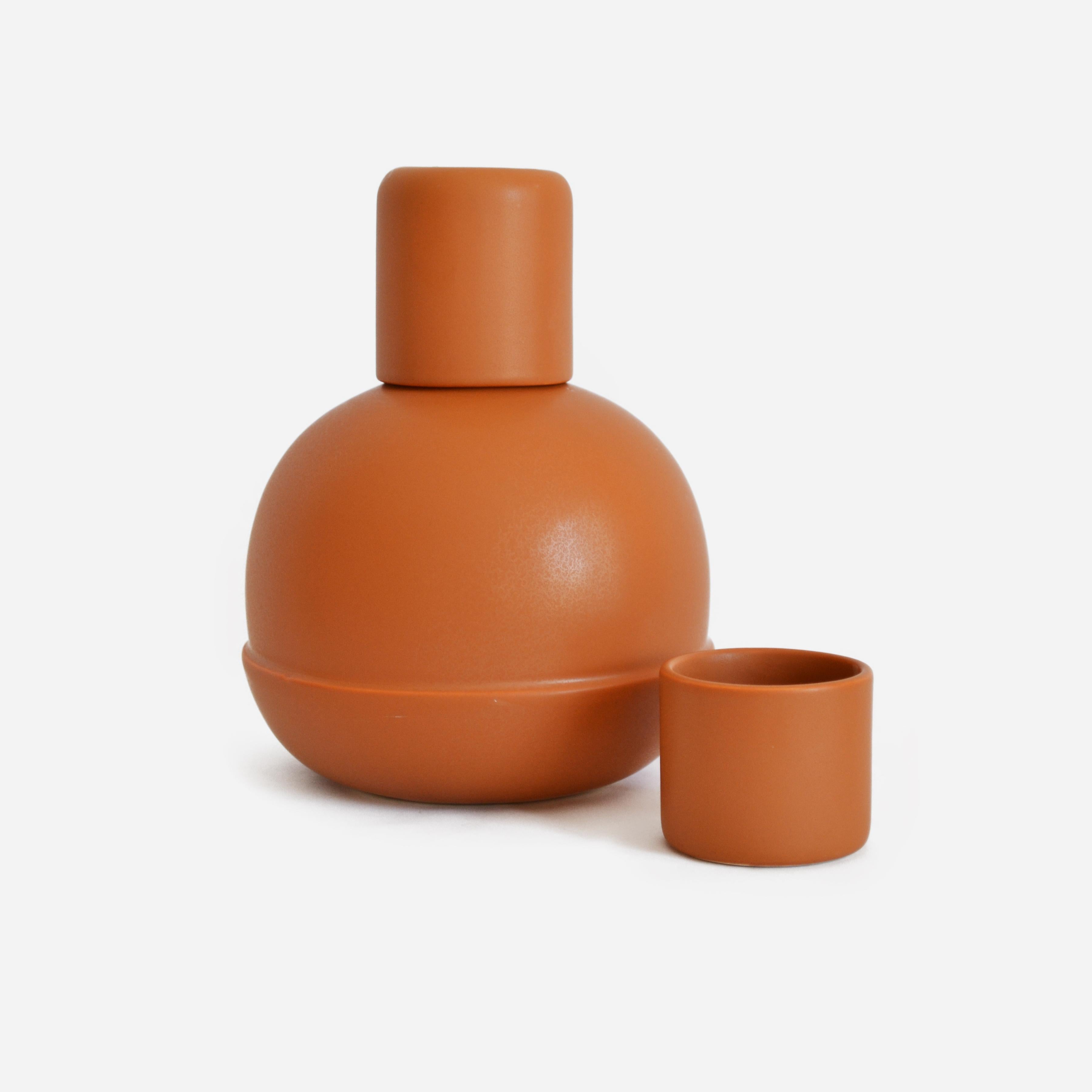 Mexican Orange Ceramic Carafe and Cups Inspired in traditional Pitchers from Mexico.  For Sale