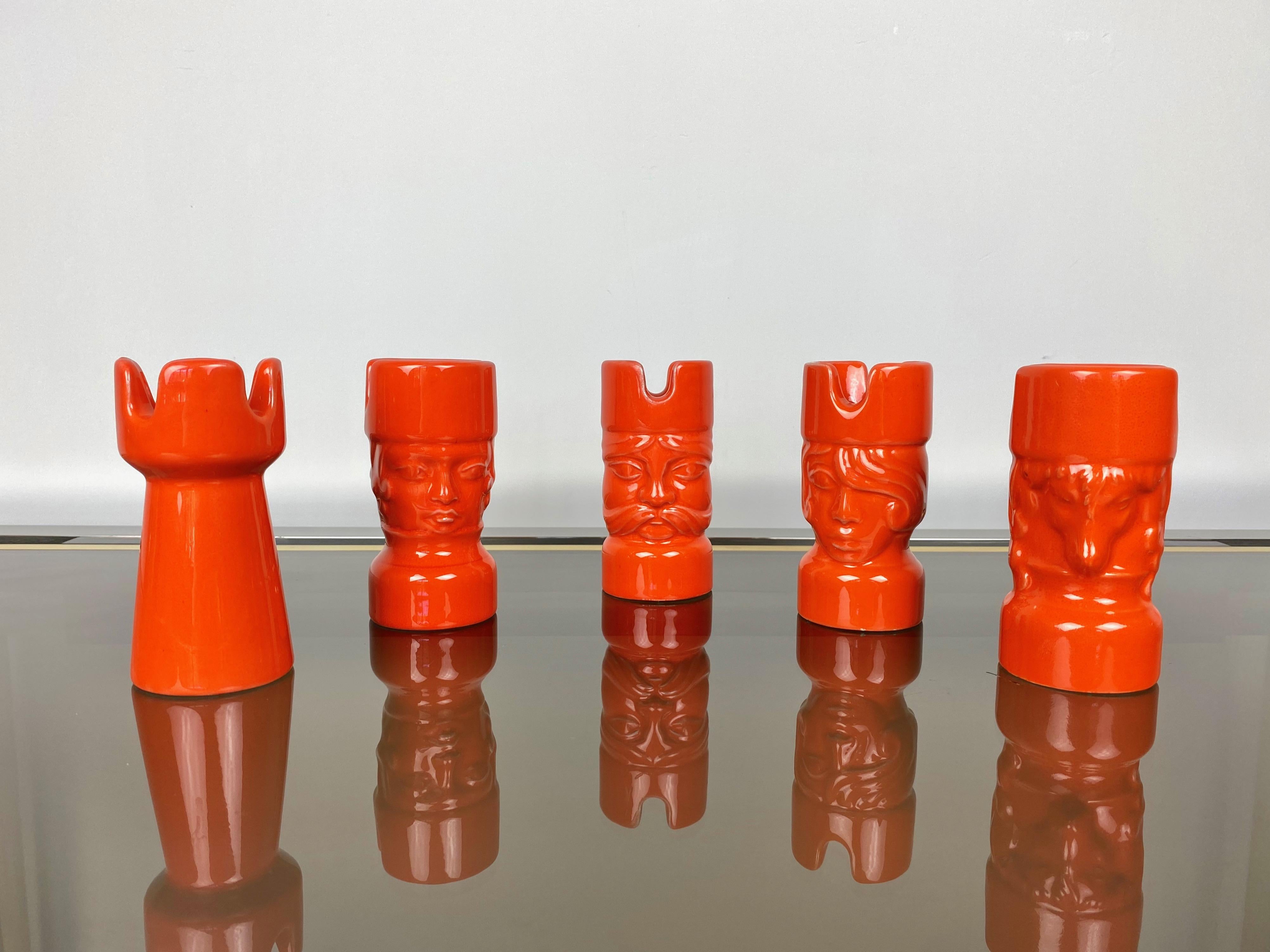 Italian Orange Ceramic Chess Pieces Sculpture by Il Picchio, Italy, 1970s For Sale