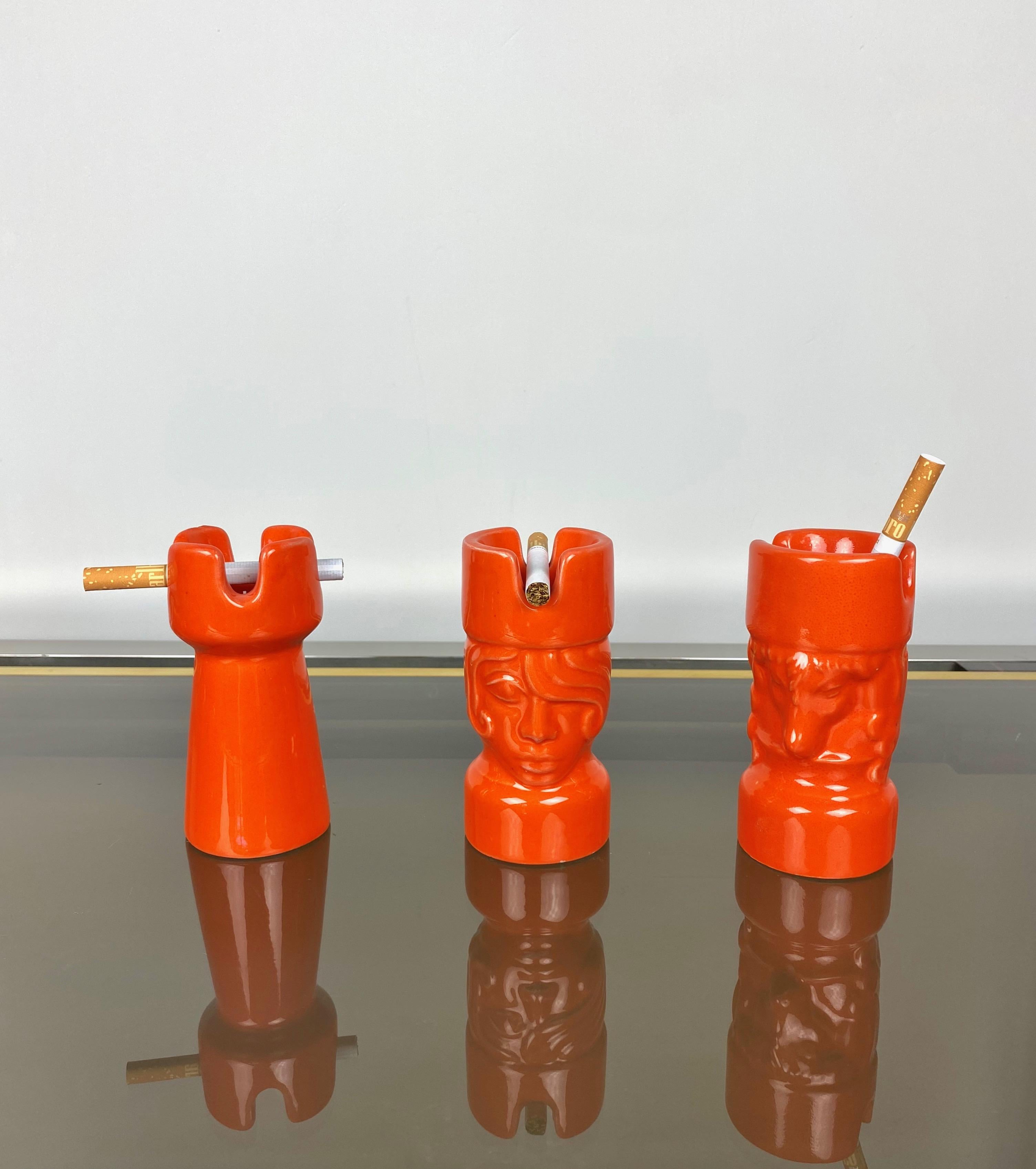Orange Ceramic Chess Pieces Sculpture by Il Picchio, Italy, 1970s In Good Condition For Sale In Rome, IT