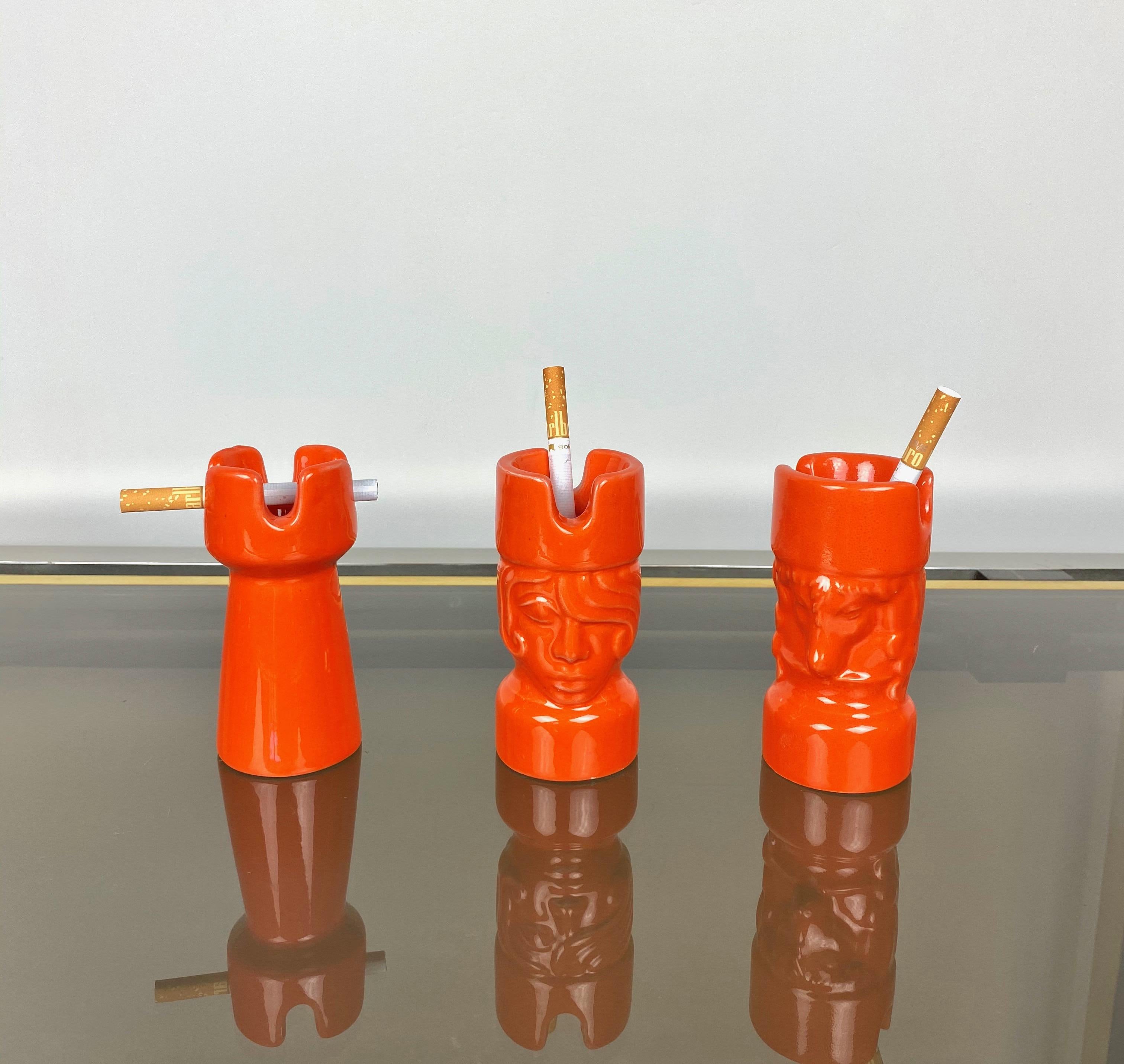 Mid-20th Century Orange Ceramic Chess Pieces Sculpture by Il Picchio, Italy, 1970s For Sale