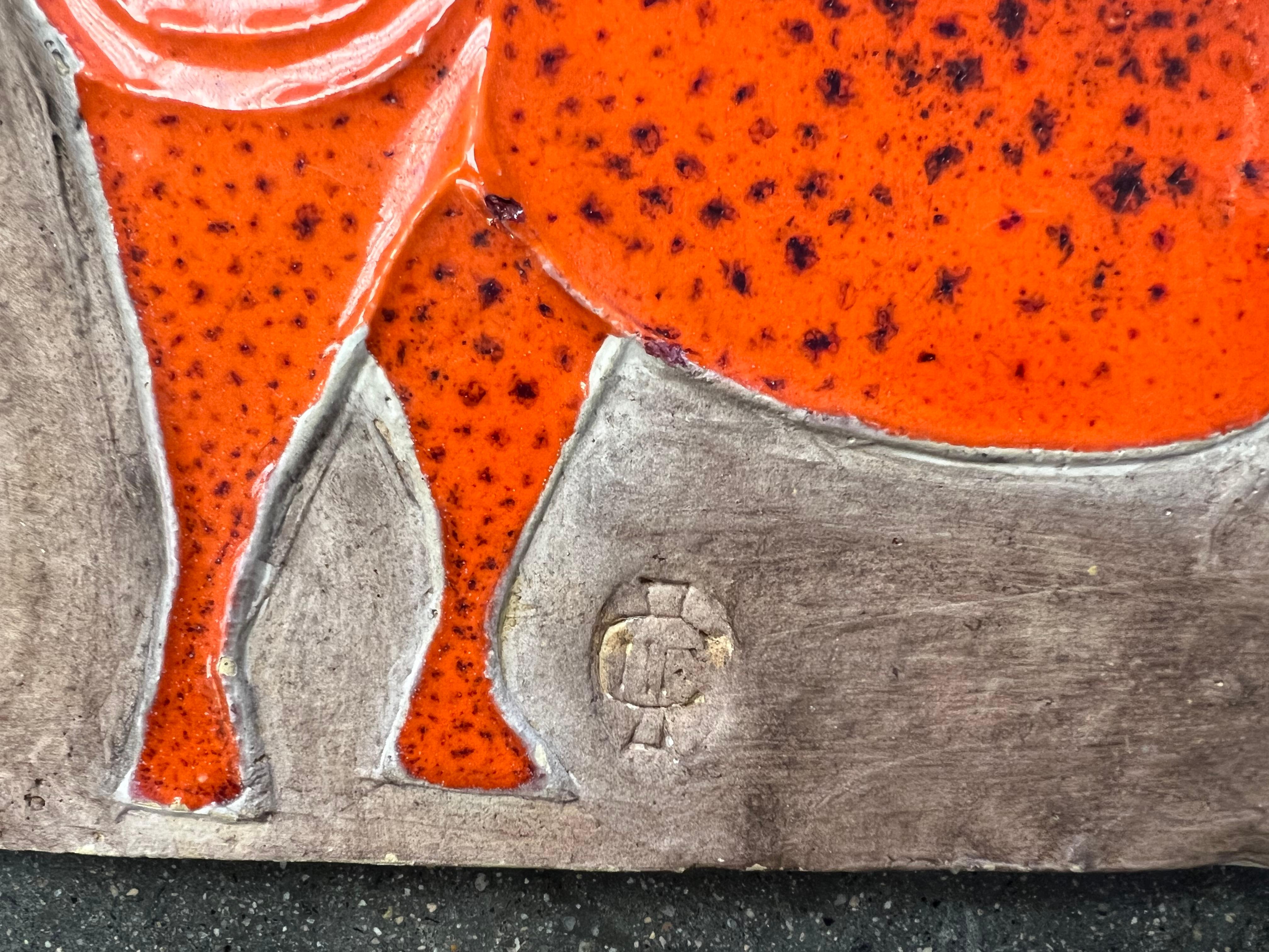 Mid-Century Modern Orange Ceramic Lion with Bird Plaque Art by Bertil Vallien  For Sale