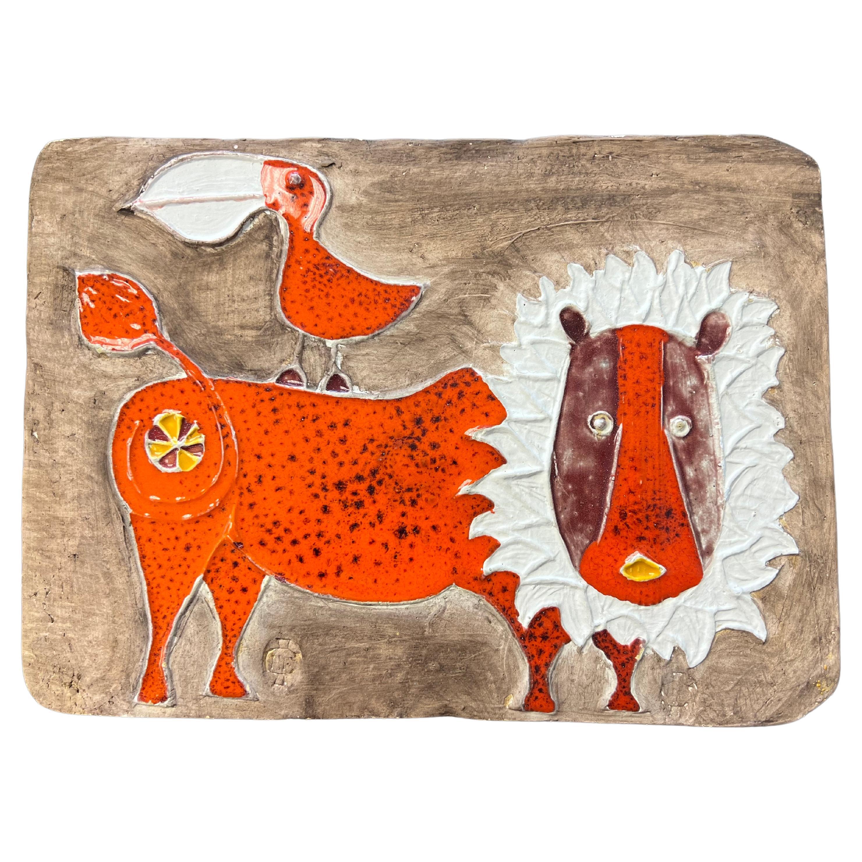 Orange Ceramic Lion with Bird Plaque Art by Bertil Vallien  For Sale