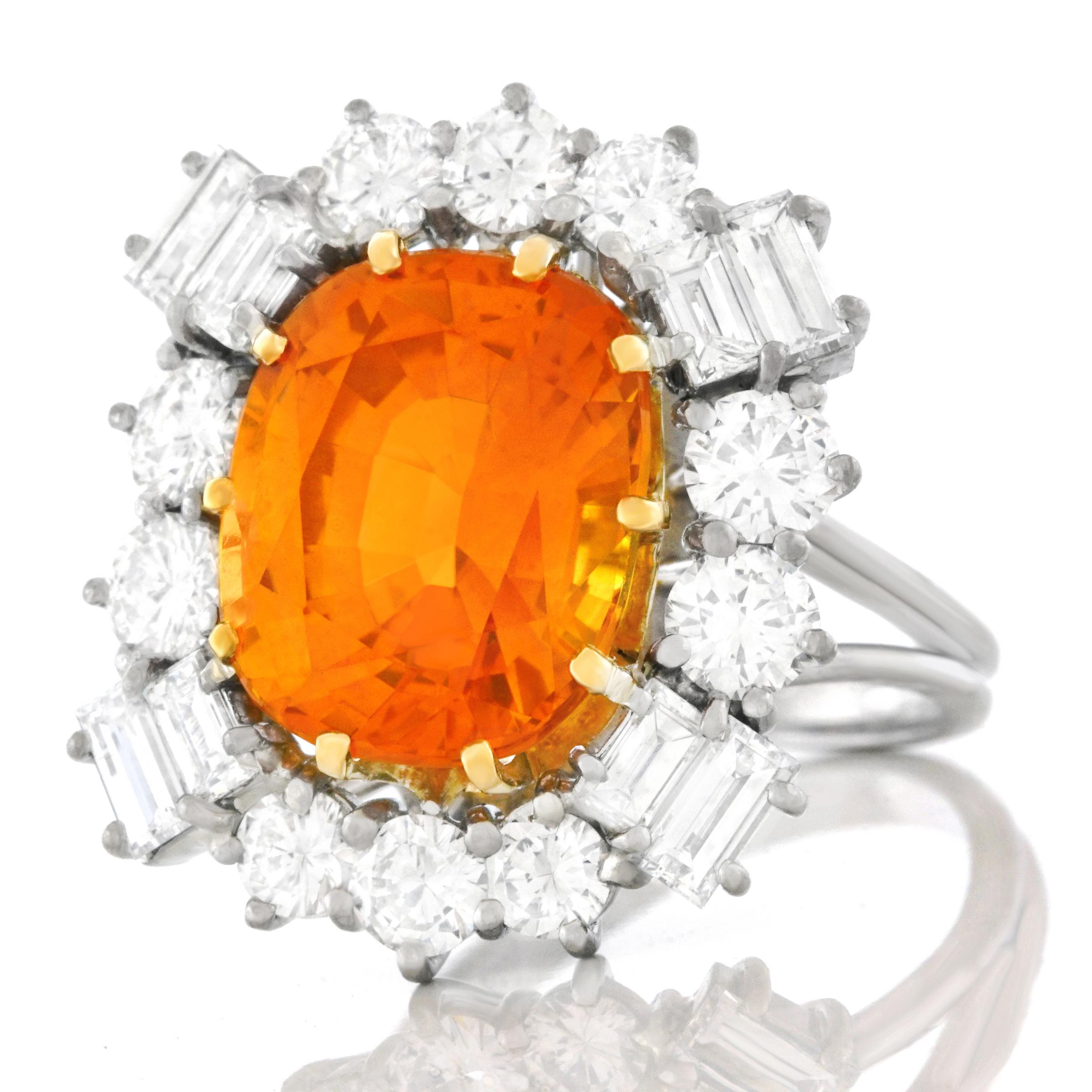 Orange Ceylon Sapphire and Diamond Set Gold Ring French GIA 7