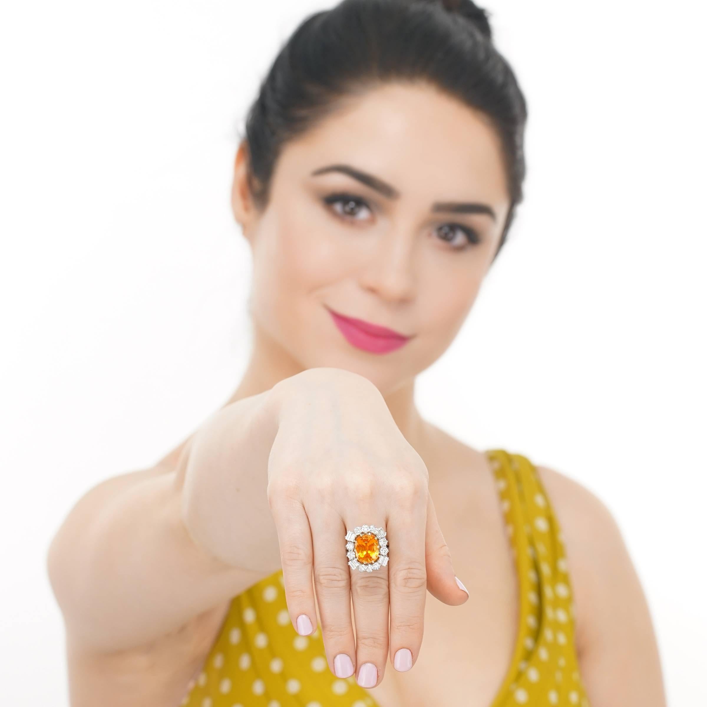 Women's Orange Ceylon Sapphire and Diamond Set Gold Ring French GIA