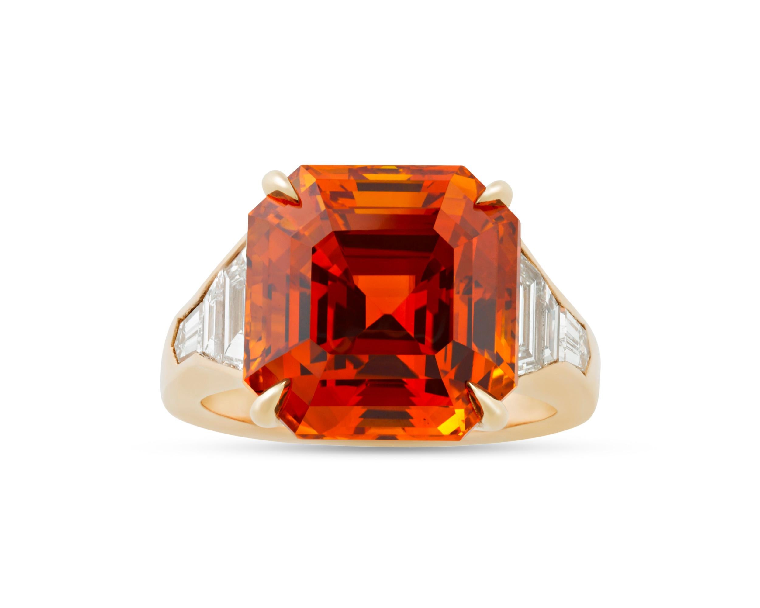Octagon Cut Orange Ceylon Sapphire Ring, 14.12 Carats