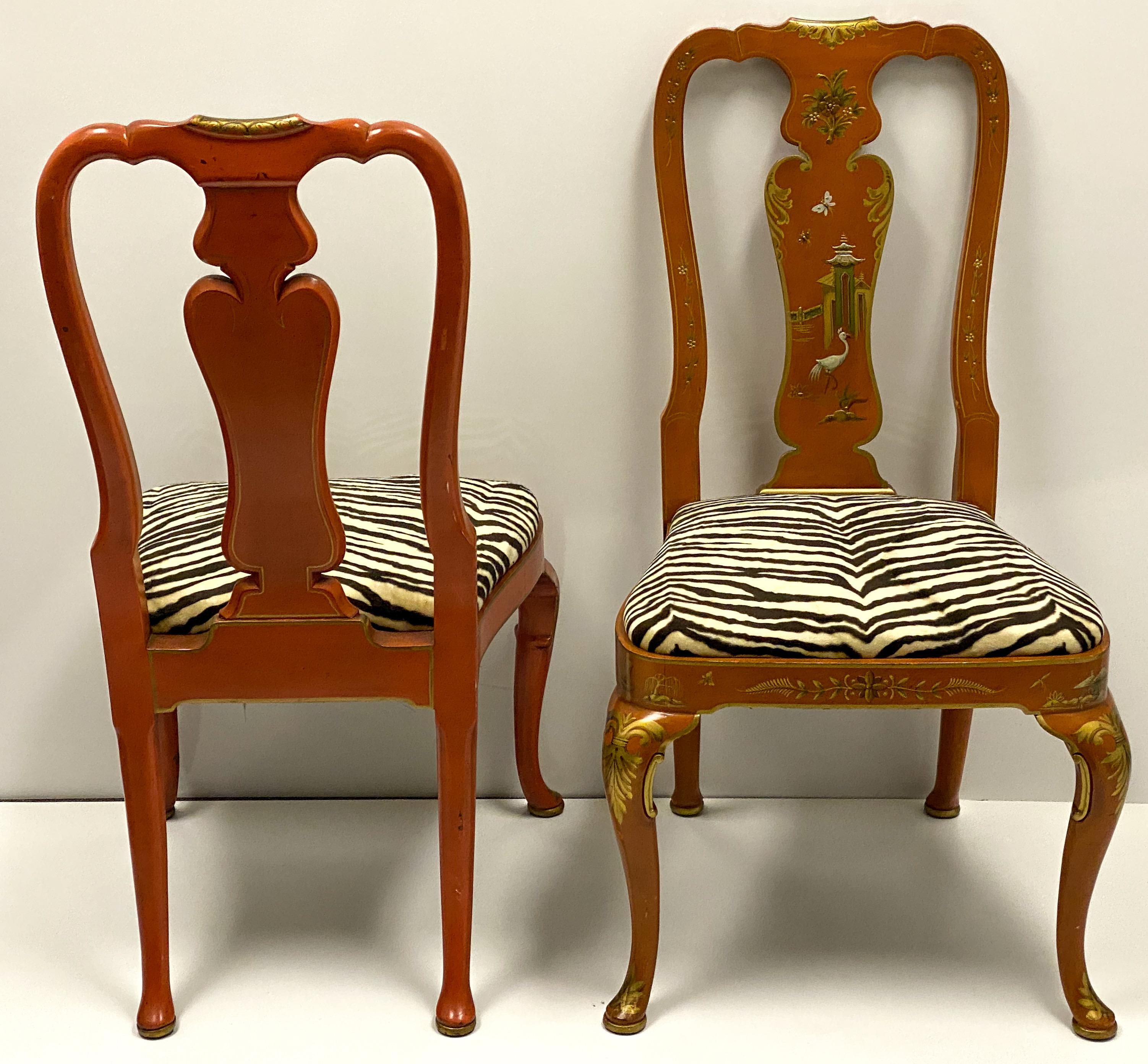 American Orange Chinoiserie Queen Anne Side Chairs by Kindel Furniture, Pair