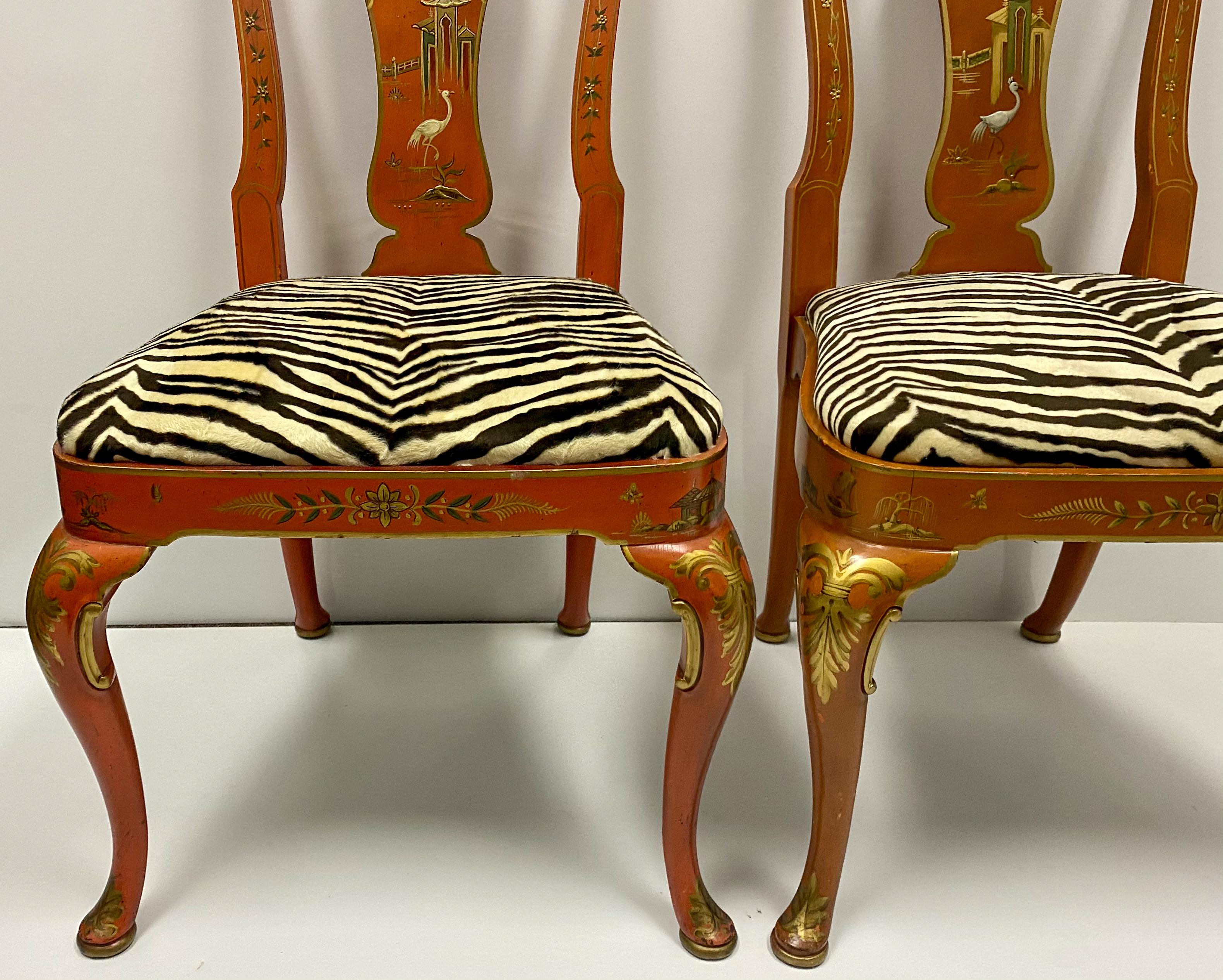 Orange Chinoiserie Queen Anne Side Chairs by Kindel Furniture, Pair In Good Condition In Kennesaw, GA