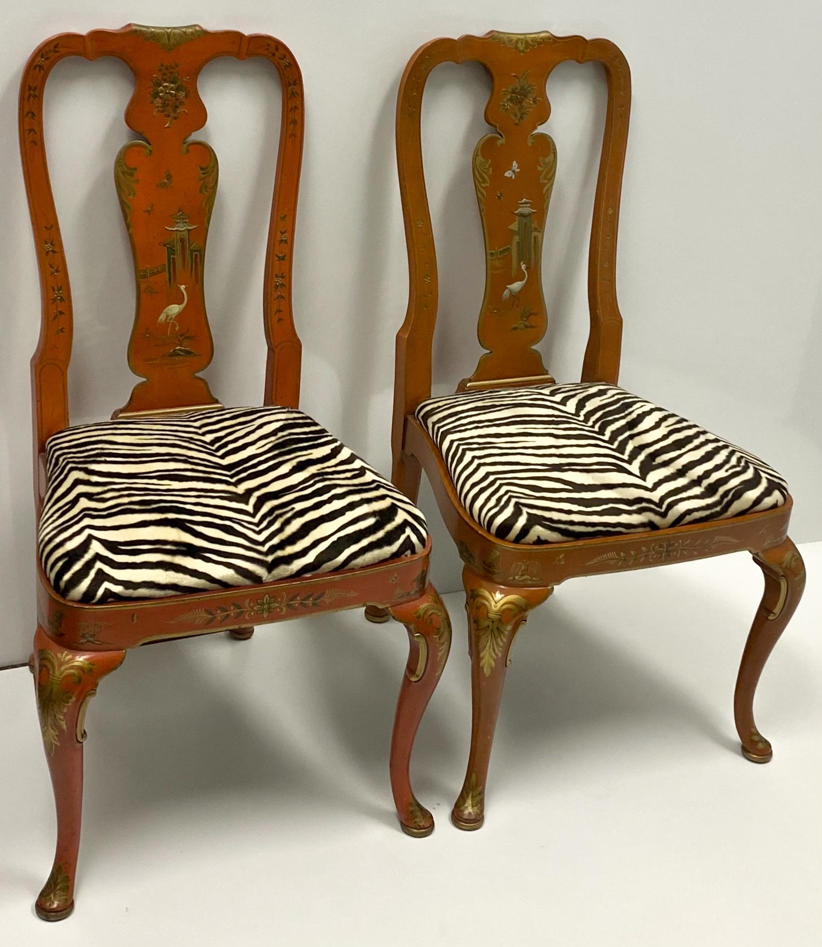 20th Century Orange Chinoiserie Queen Anne Side Chairs by Kindel Furniture, Pair