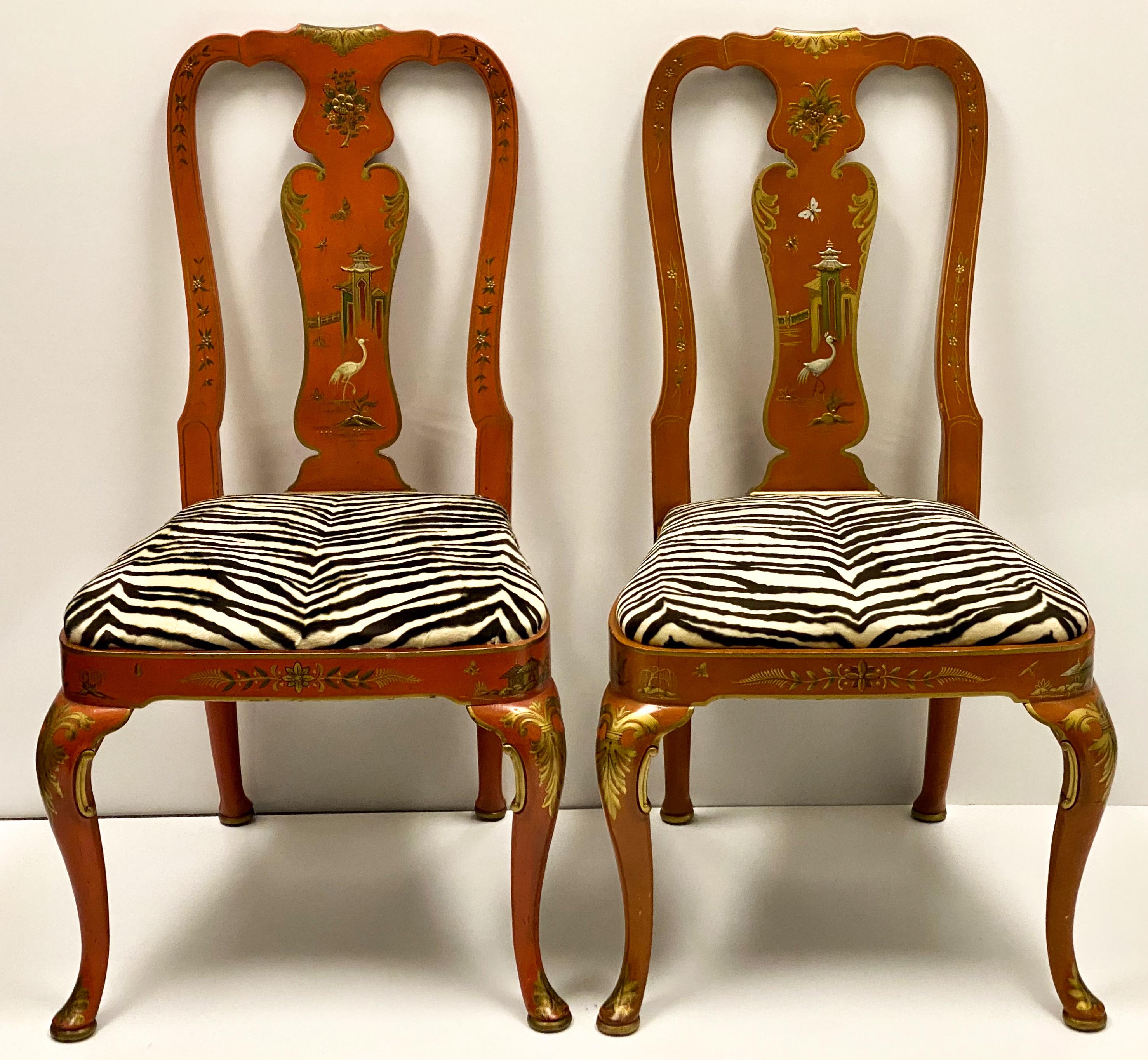 Wood Orange Chinoiserie Queen Anne Side Chairs by Kindel Furniture, Pair