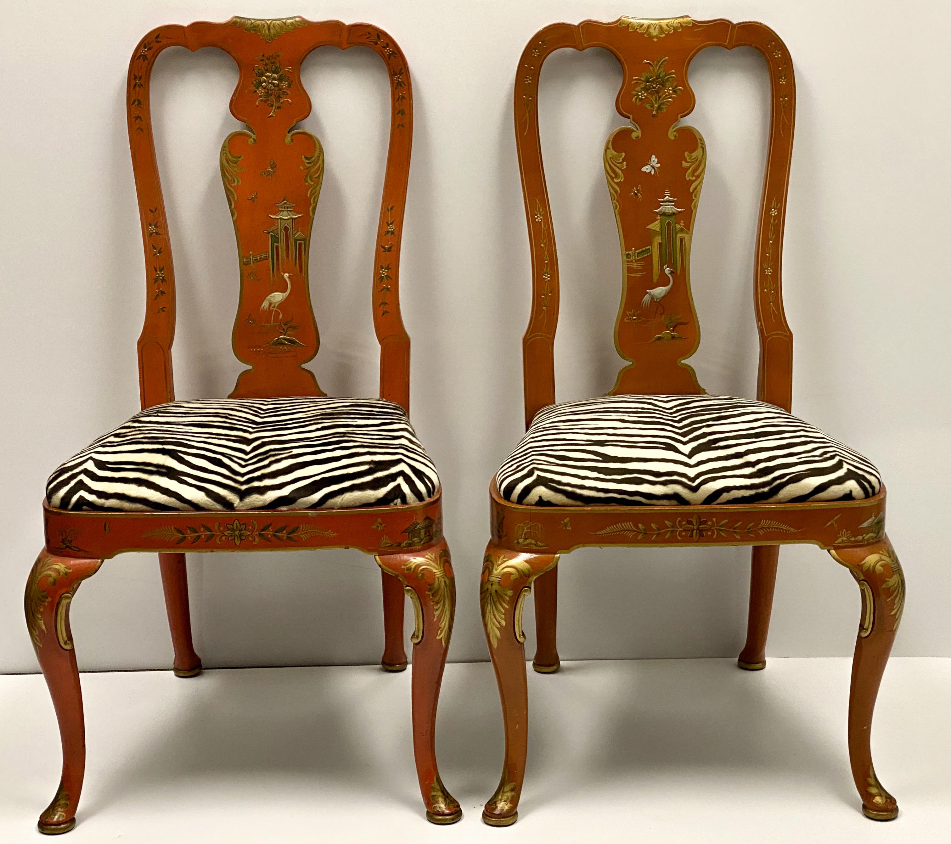 Orange Chinoiserie Queen Anne Side Chairs by Kindel Furniture, Pair 1