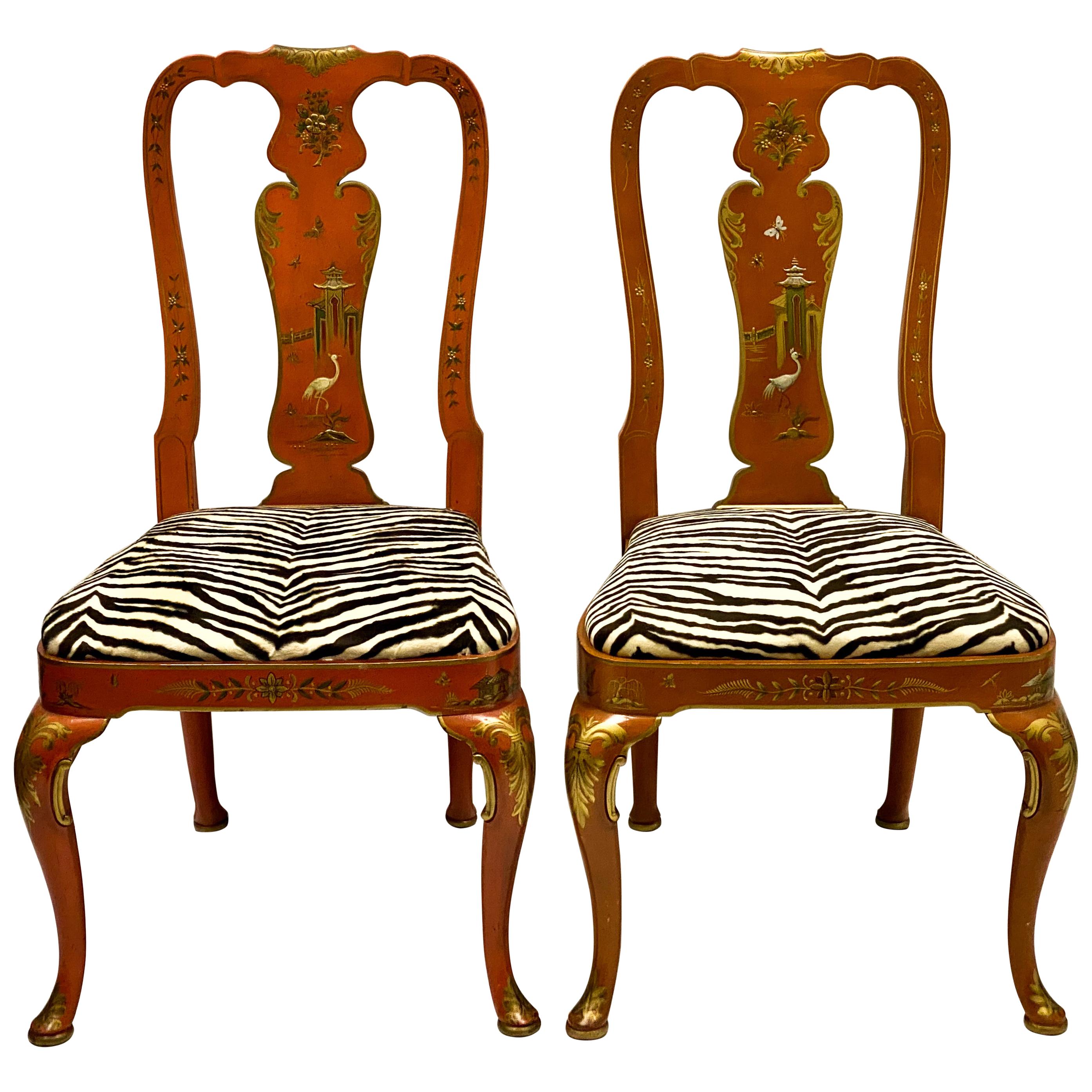 Orange Chinoiserie Queen Anne Side Chairs by Kindel Furniture, Pair