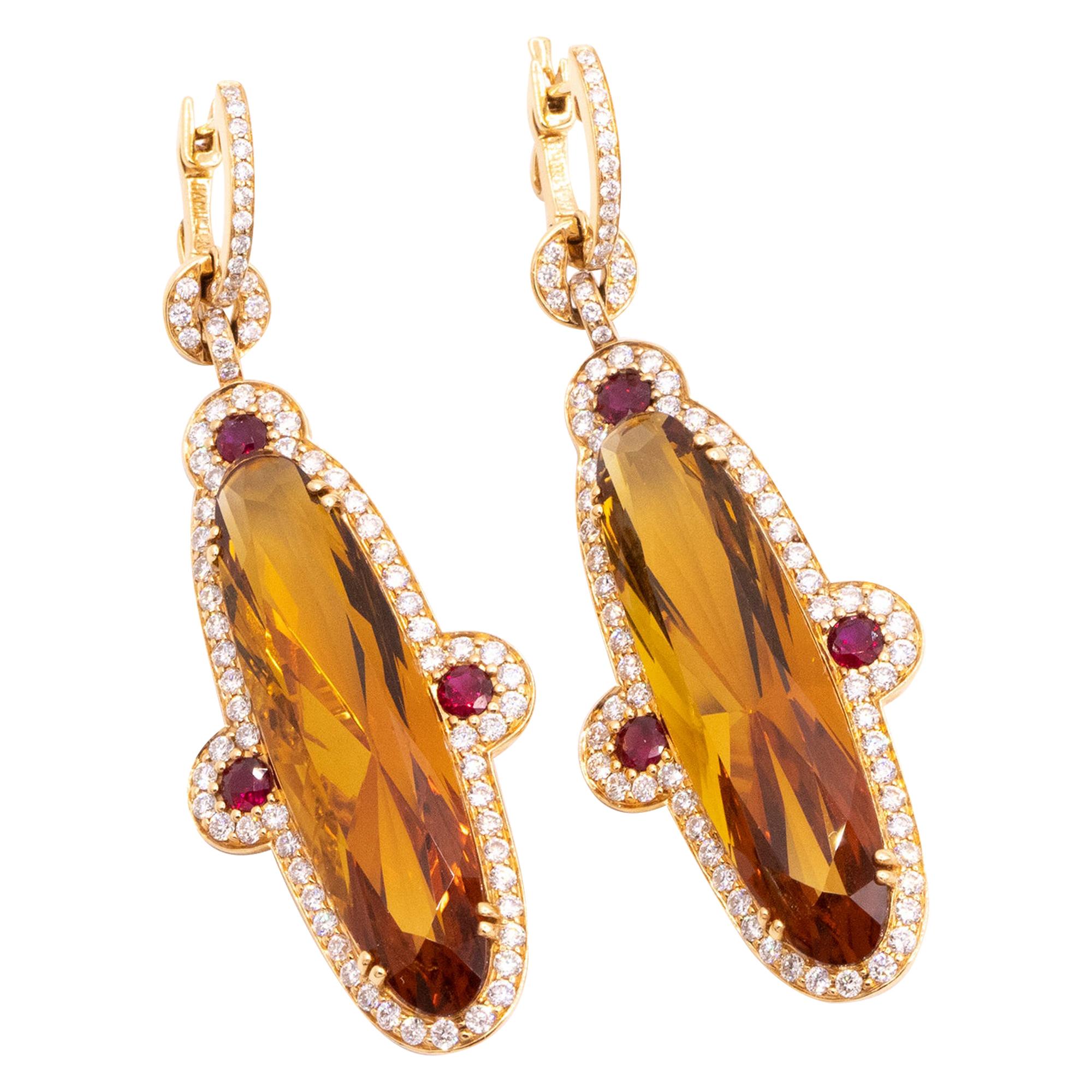 Orange Citrine and Diamond Gold Earrings For Sale