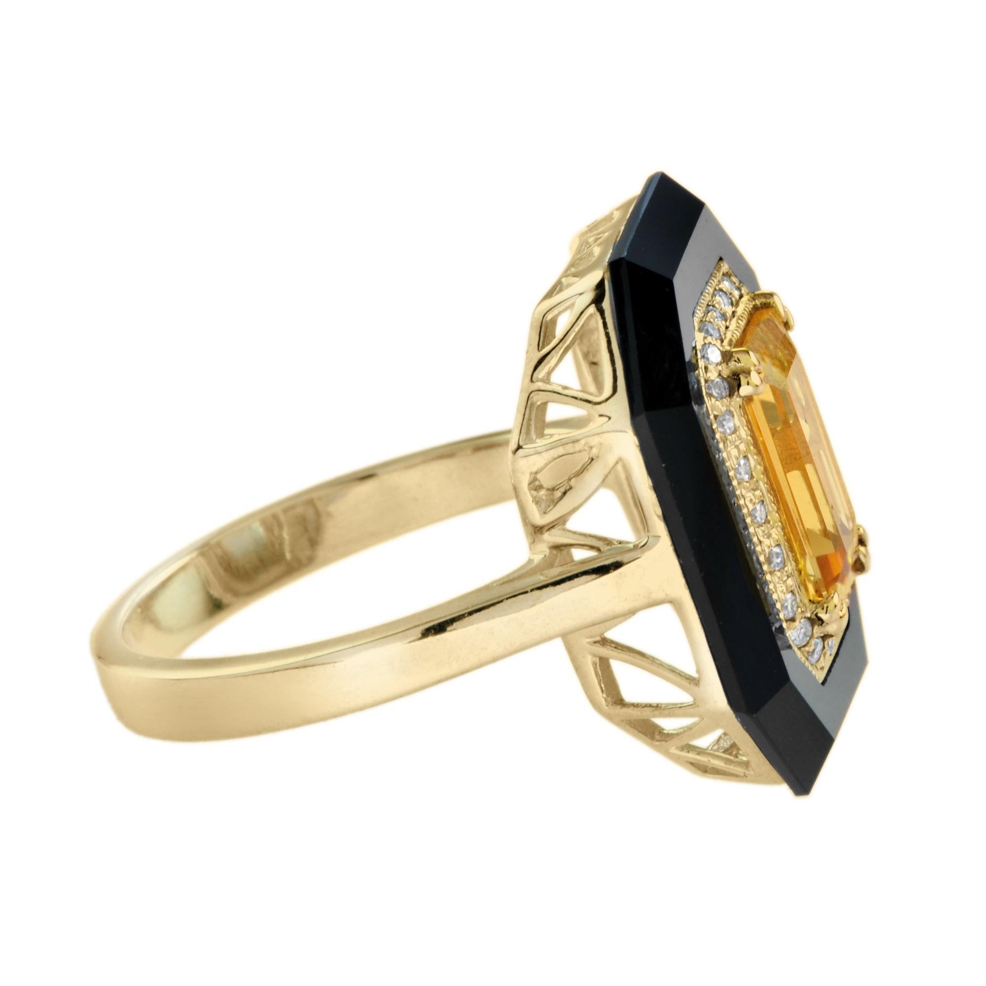 A striking and intriguing jewel, indeed. This big, bold, and colorful Art Deco style ring highlights a gorgeous emerald cut citrine center stone, framed in a sparkling octagonal halo of round brilliant-cut diamonds, all set off with eye-catching