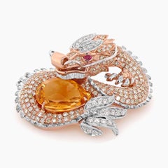 Orange Citrine & Diamond Pave and Ruby 18K Rose White Gold Animal Pin Brooch