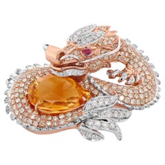 Orange Citrin & Diamant Pave und Rubin 18K Rose White Gold Animal Pin Brosche