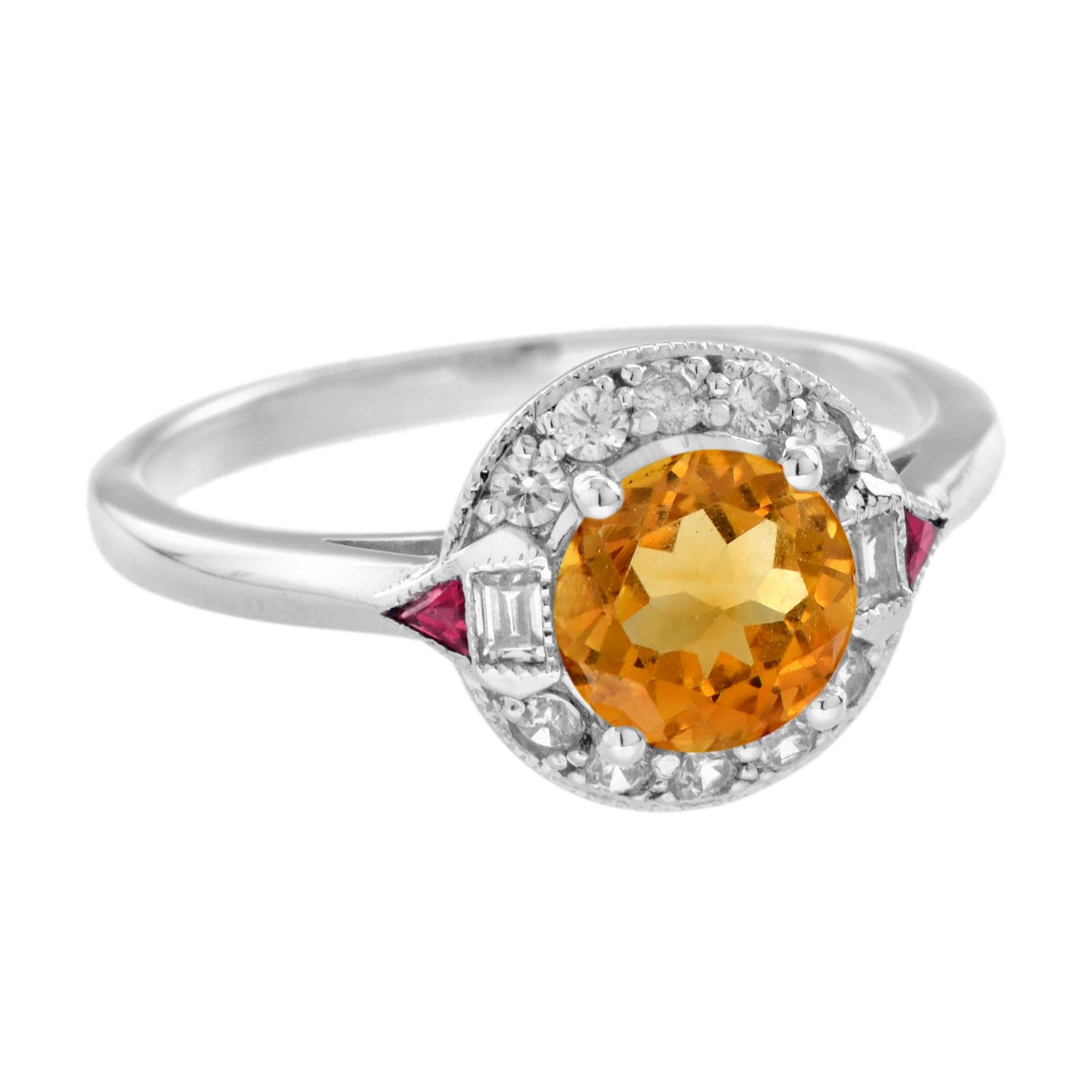 An enchanting gemstone meets a classic mounting in this distinctively gorgeous Art Deco style jewel. The round honey-colored citrine is framed by round diamonds. The shoulders features French cut triangle shaped rubies just stunning! 14K White Gold.