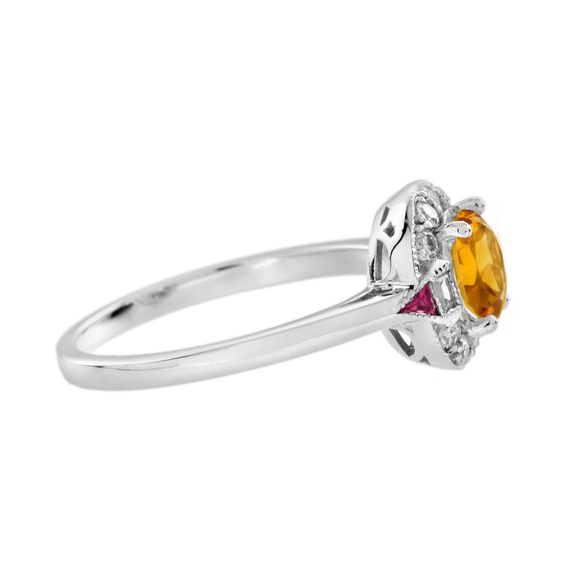 Round Cut Orange Citrine Diamond & Red Ruby Art Deco Style Halo 14K White Gold Ring For Sale