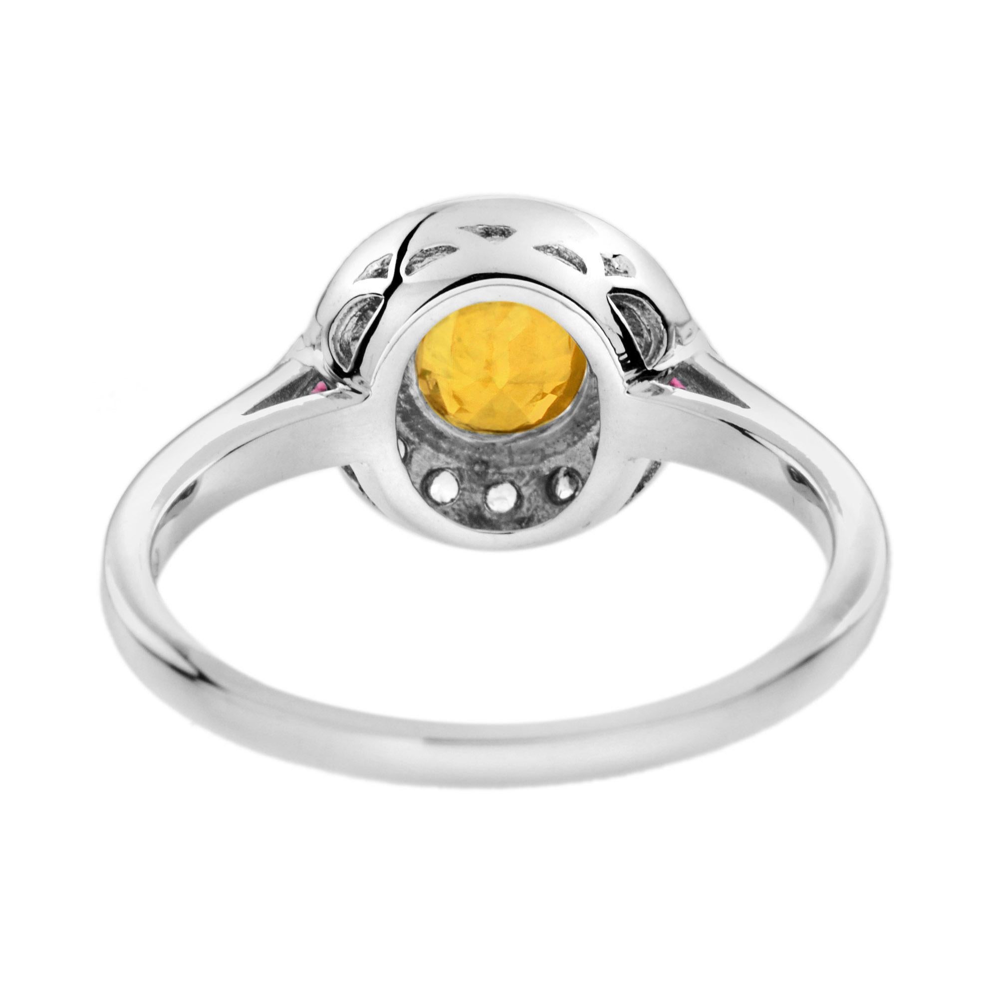 Orange Citrine Diamond & Red Ruby Art Deco Style Halo 14K White Gold Ring In New Condition For Sale In Oakton, VA