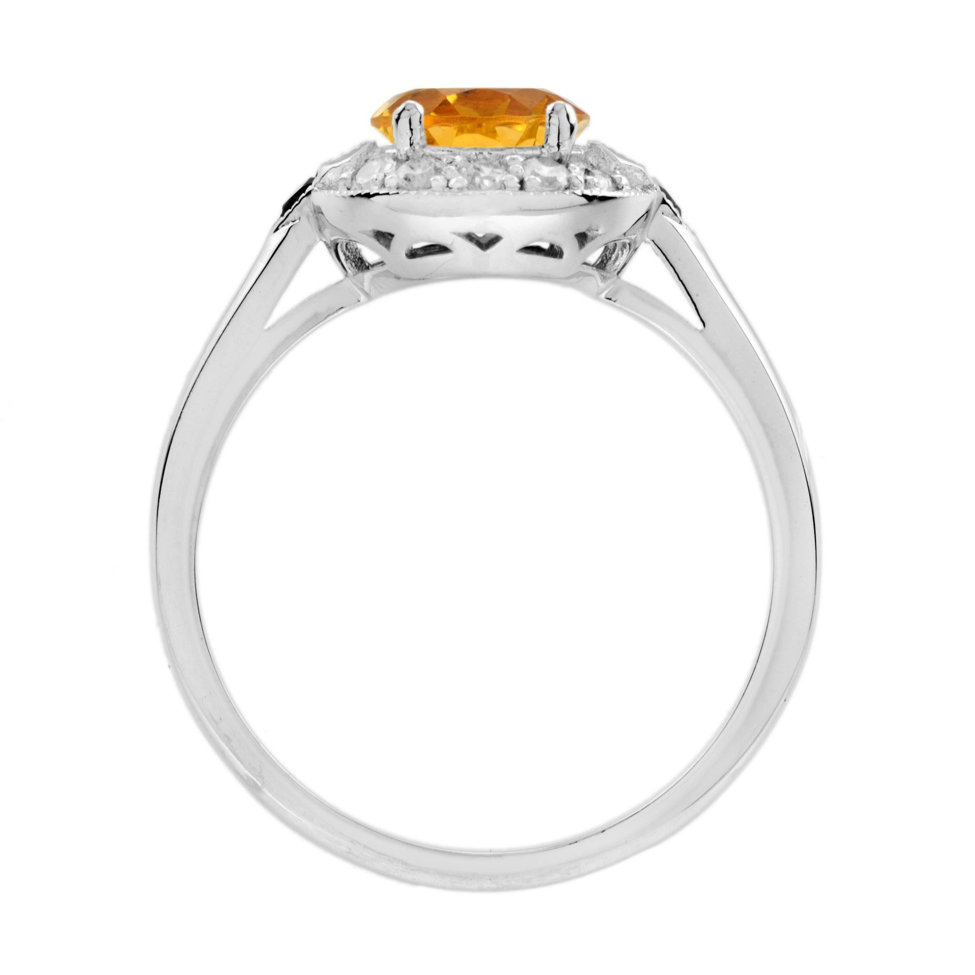 Women's or Men's Orange Citrine Diamond & Red Ruby Art Deco Style Halo 14K White Gold Ring For Sale