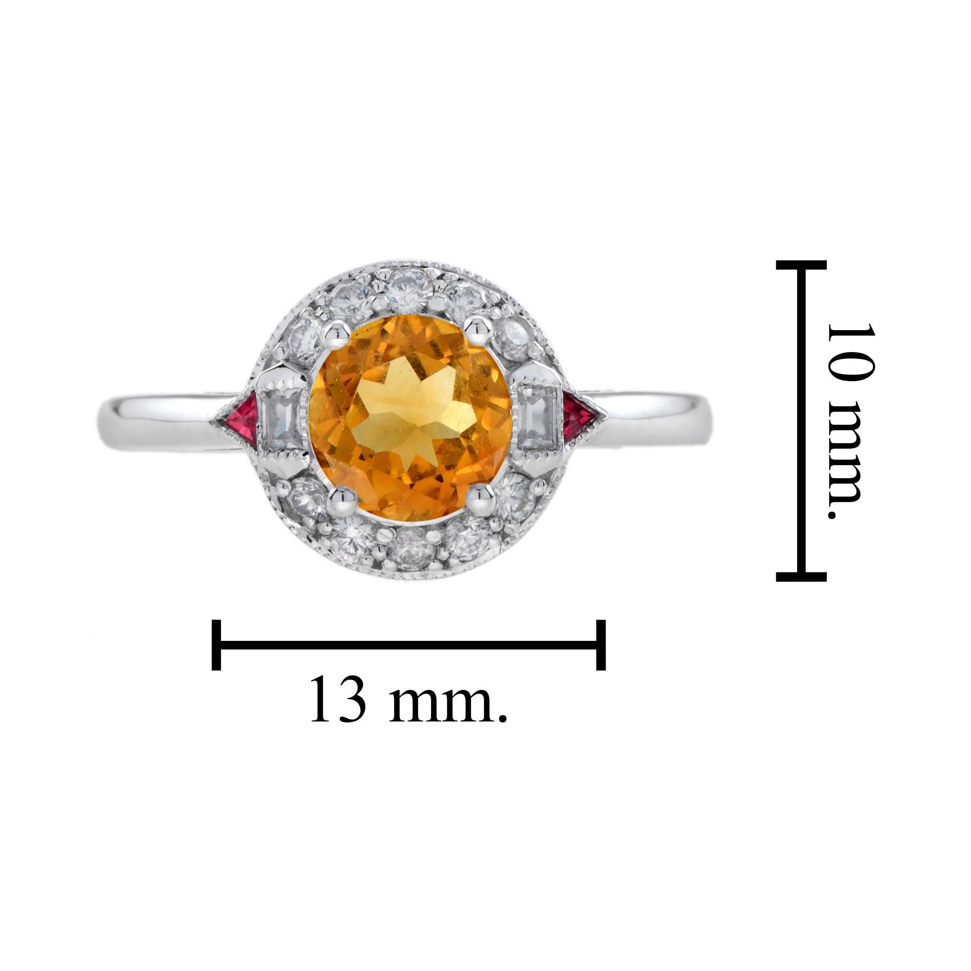 Orange Citrine Diamond & Red Ruby Art Deco Style Halo 14K White Gold Ring For Sale 1