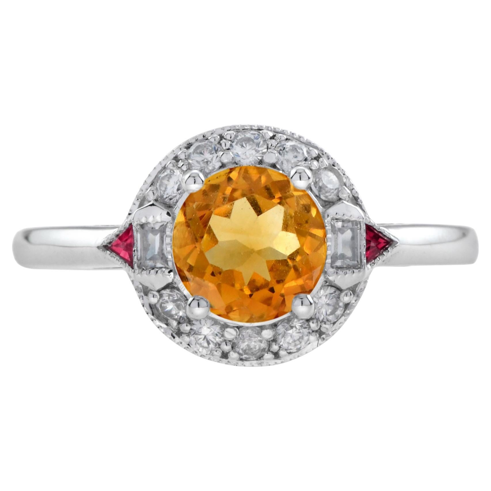 Orange Citrine Diamond & Red Ruby Art Deco Style Halo 14K White Gold Ring For Sale