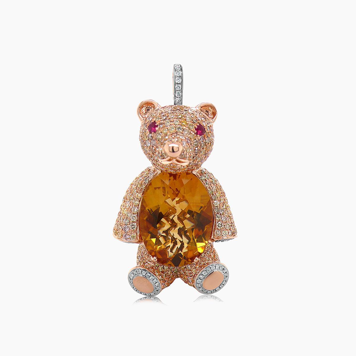 Orange Citrine, Diamond & Ruby 18K Rose Gold Teddy Bear Pendant Necklace In New Condition For Sale In Oakton, VA