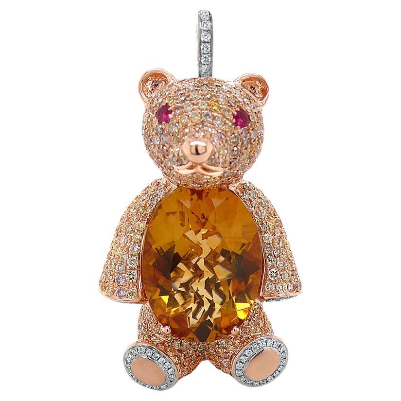 Orange Citrine, Diamond & Ruby 18K Rose Gold Teddy Bear Pendant Necklace